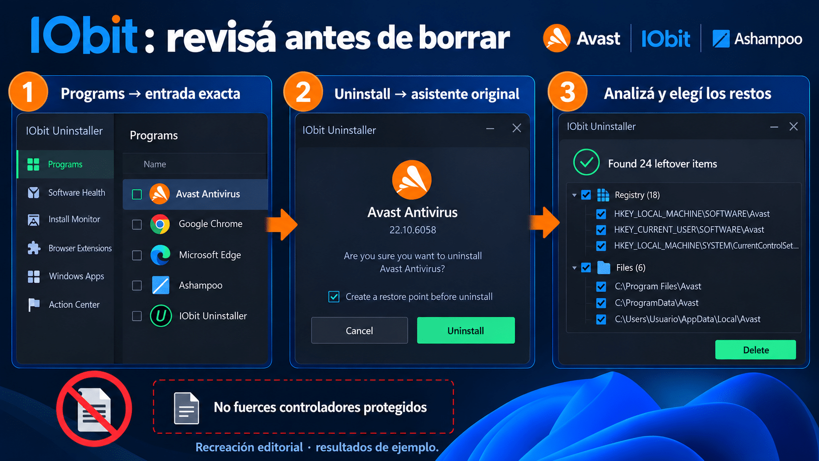 IObit organiza la retirada y los candidatos residuales; revisá cada selección antes de borrar.