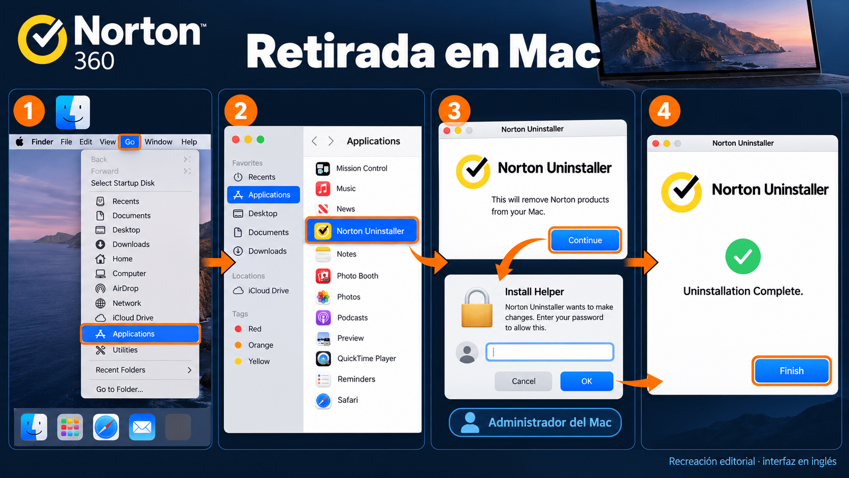 Finder a Aplicaciones, Norton Uninstaller y confirmación de retirada en Mac