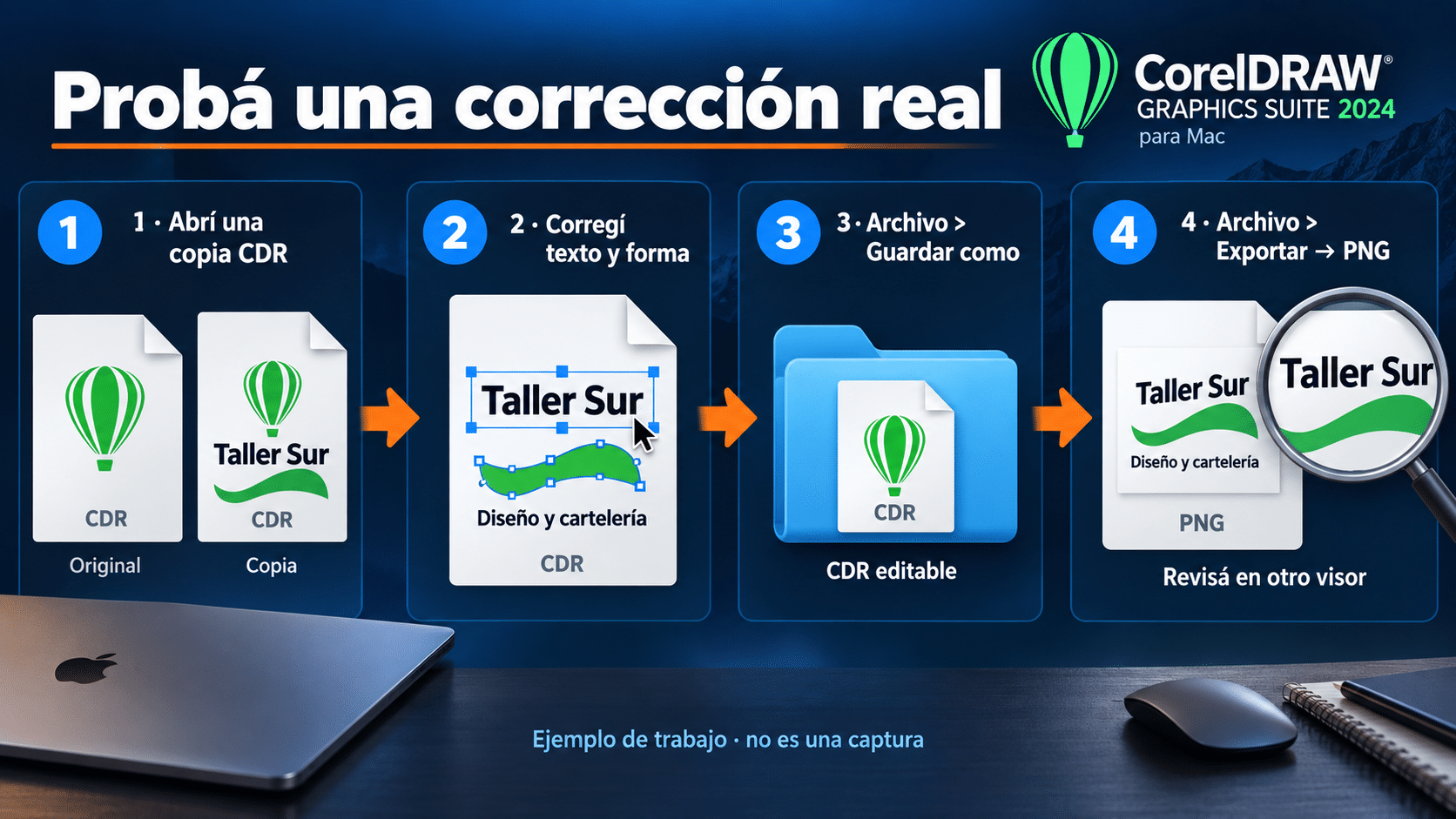 CorelDRAW 2024 Mac: copia CDR, corrección, guardado y revisión PNG