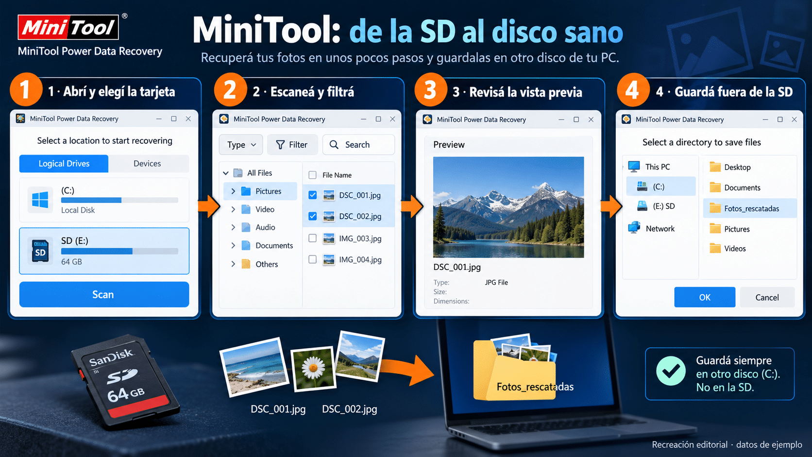 Recorrido en MiniTool: unidad SD, Scan, Preview y Save en otro disco