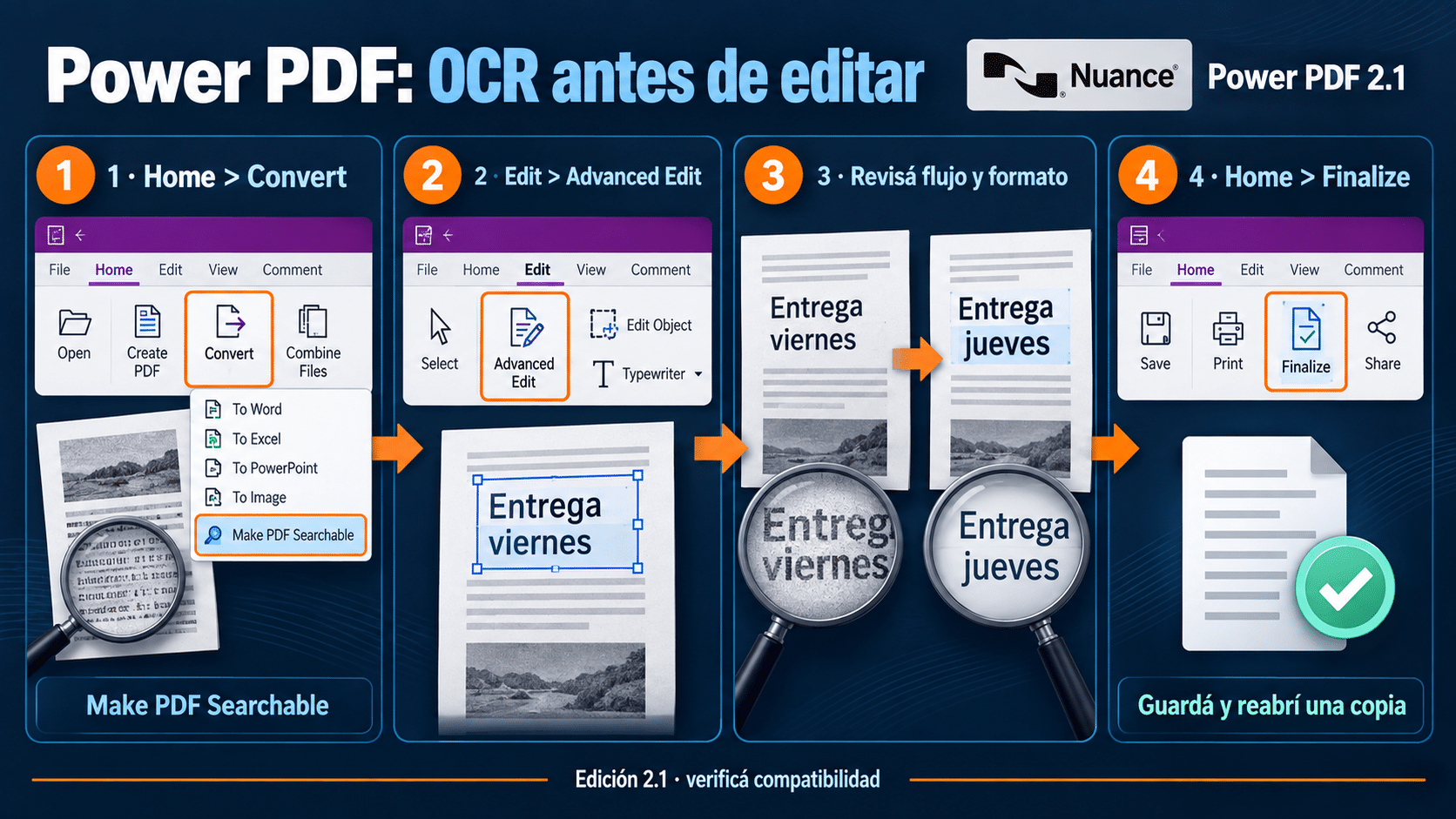 Power PDF 2.1: reconocer la copia antes de Advanced Edit y comprobar su transformación
