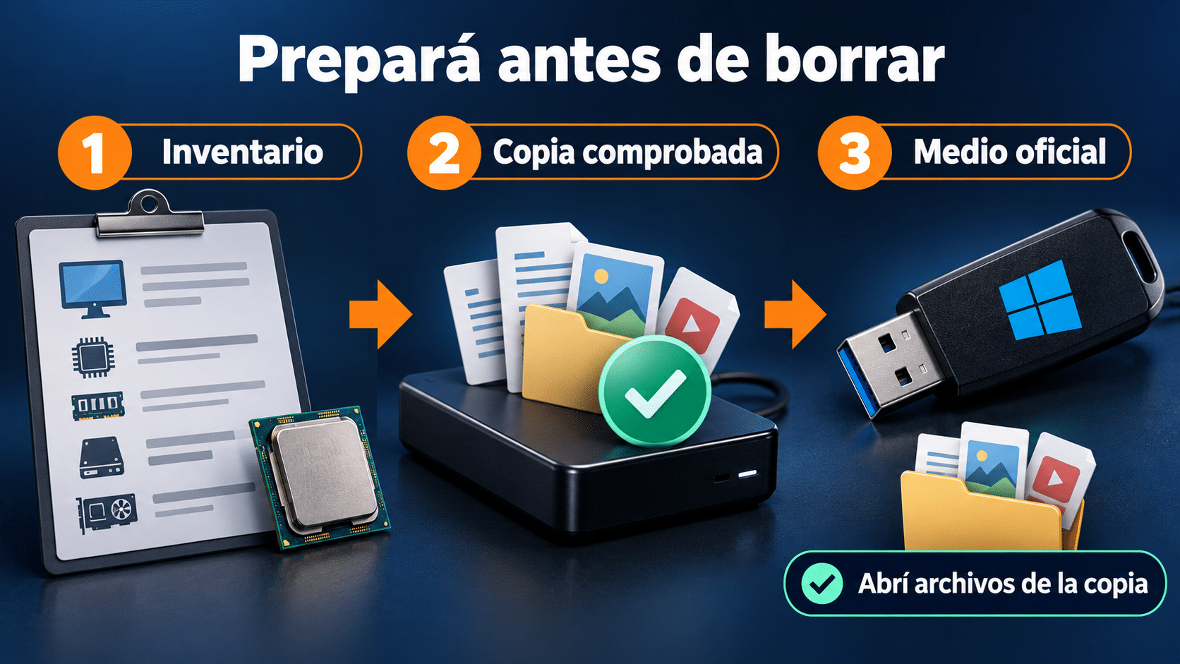 Preparación antes de instalar: inventario, copia comprobada y medio oficial
