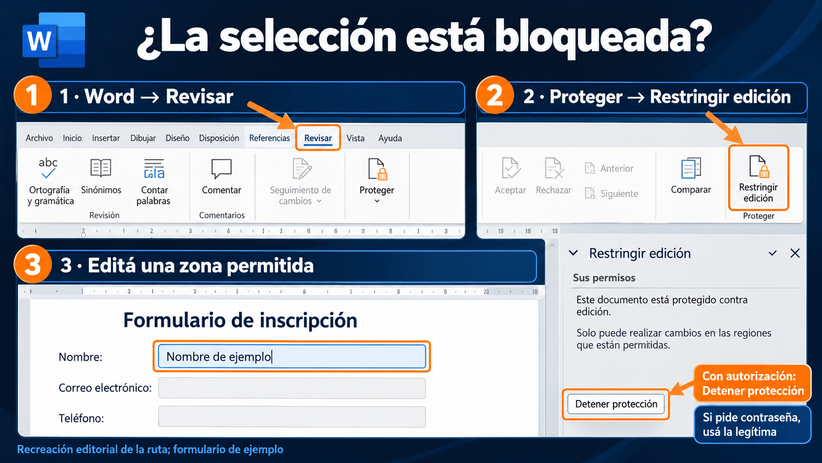 Recorrido de Revisar a Restringir edición y Detener protección con autorización