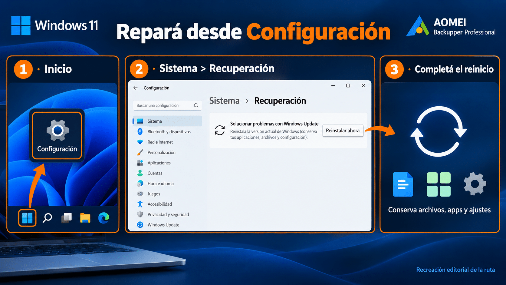 Inicio a Recuperación para reparar Windows 11 mediante Windows Update