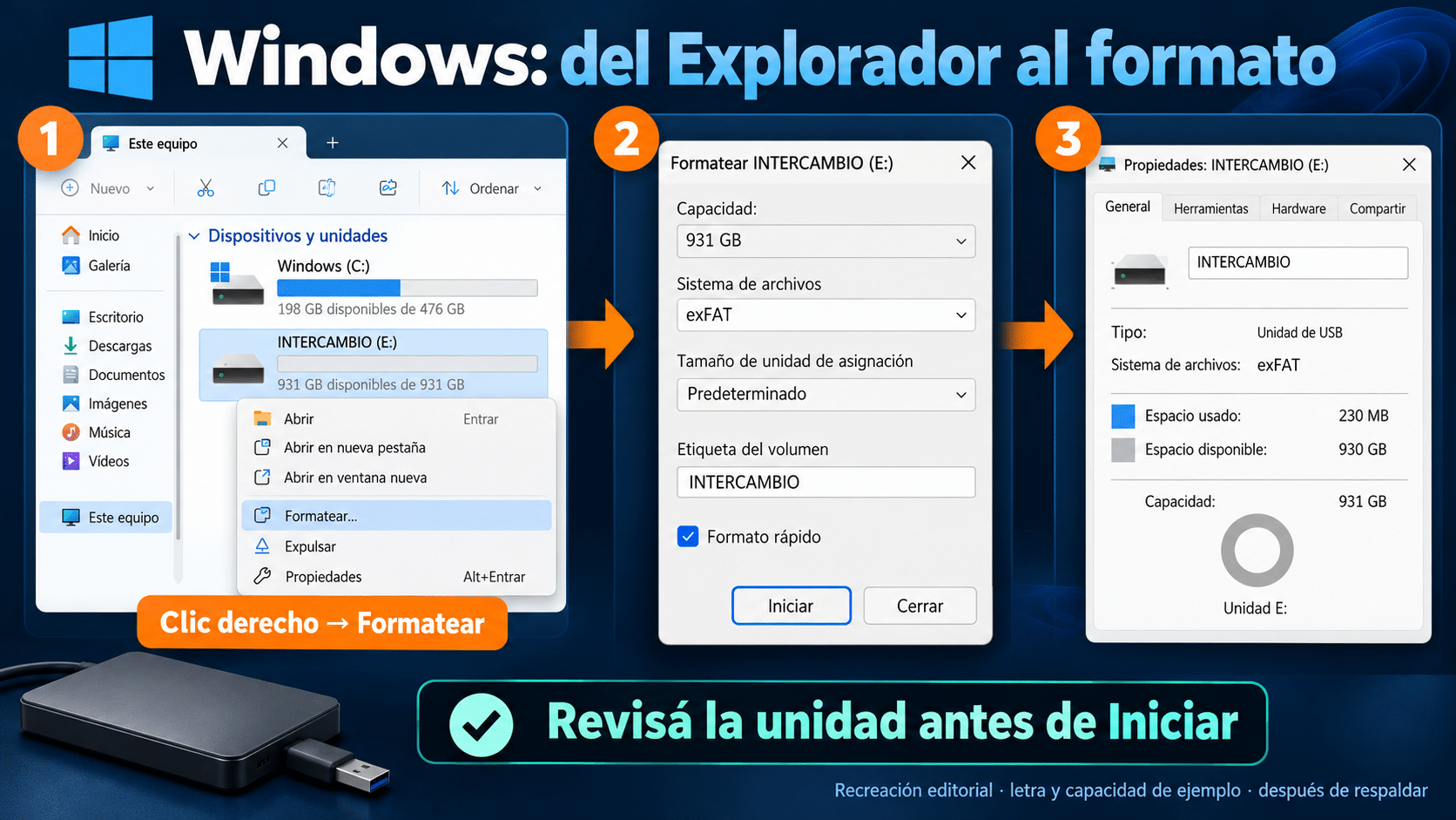 Ruta de Windows desde Este equipo hasta formato elegido y comprobación