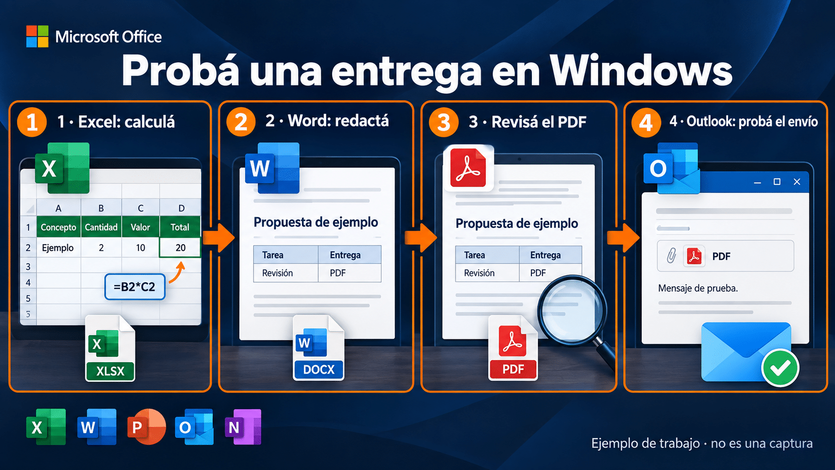 Flujo Windows con Excel, Word y Outlook: maestro editable, PDF y prueba de correo