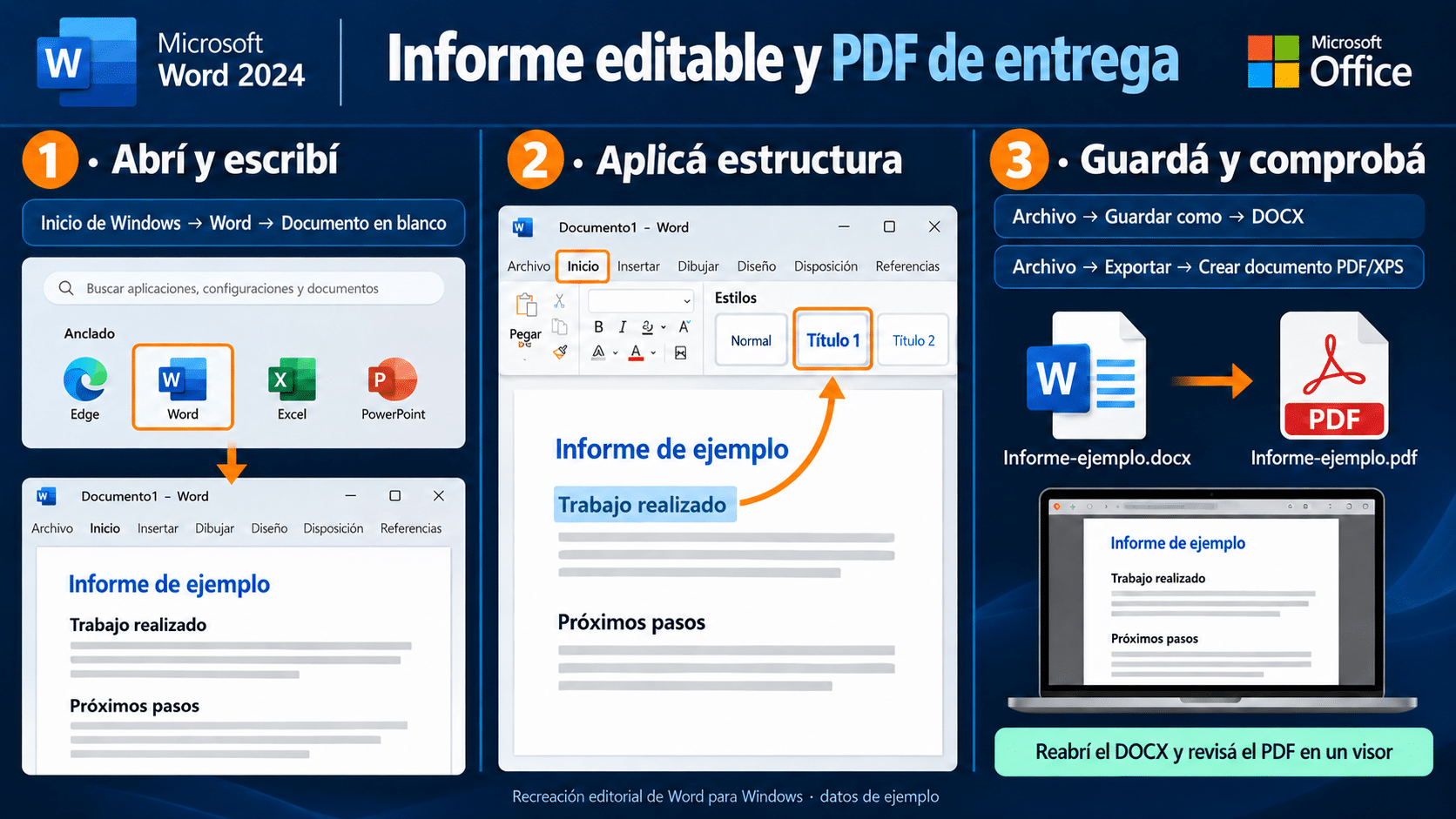 Ruta de Word 2024 desde Inicio y Estilos hasta DOCX guardado y PDF revisado