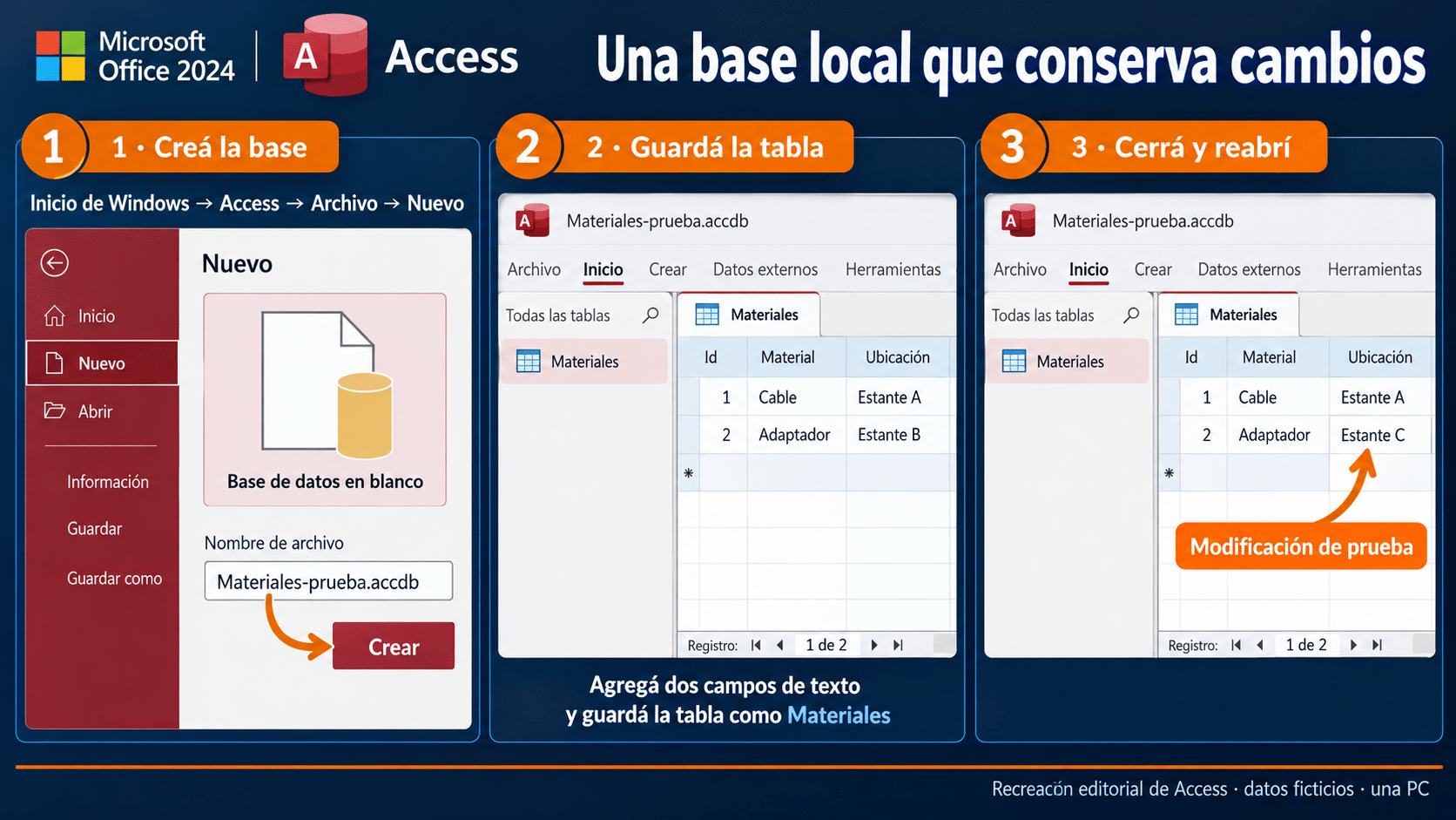 Access 2024: crear Materiales prueba, guardar la tabla y comprobar los registros al reabrir