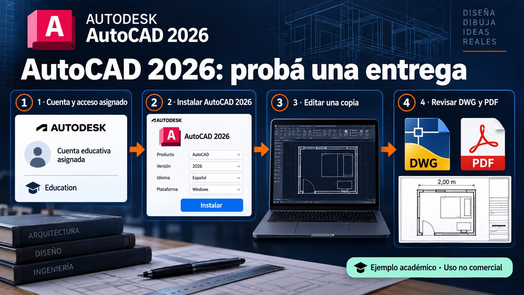 AutoCAD 2026 educativo: cuenta asignada, ejercicio propio y entrega comprobada