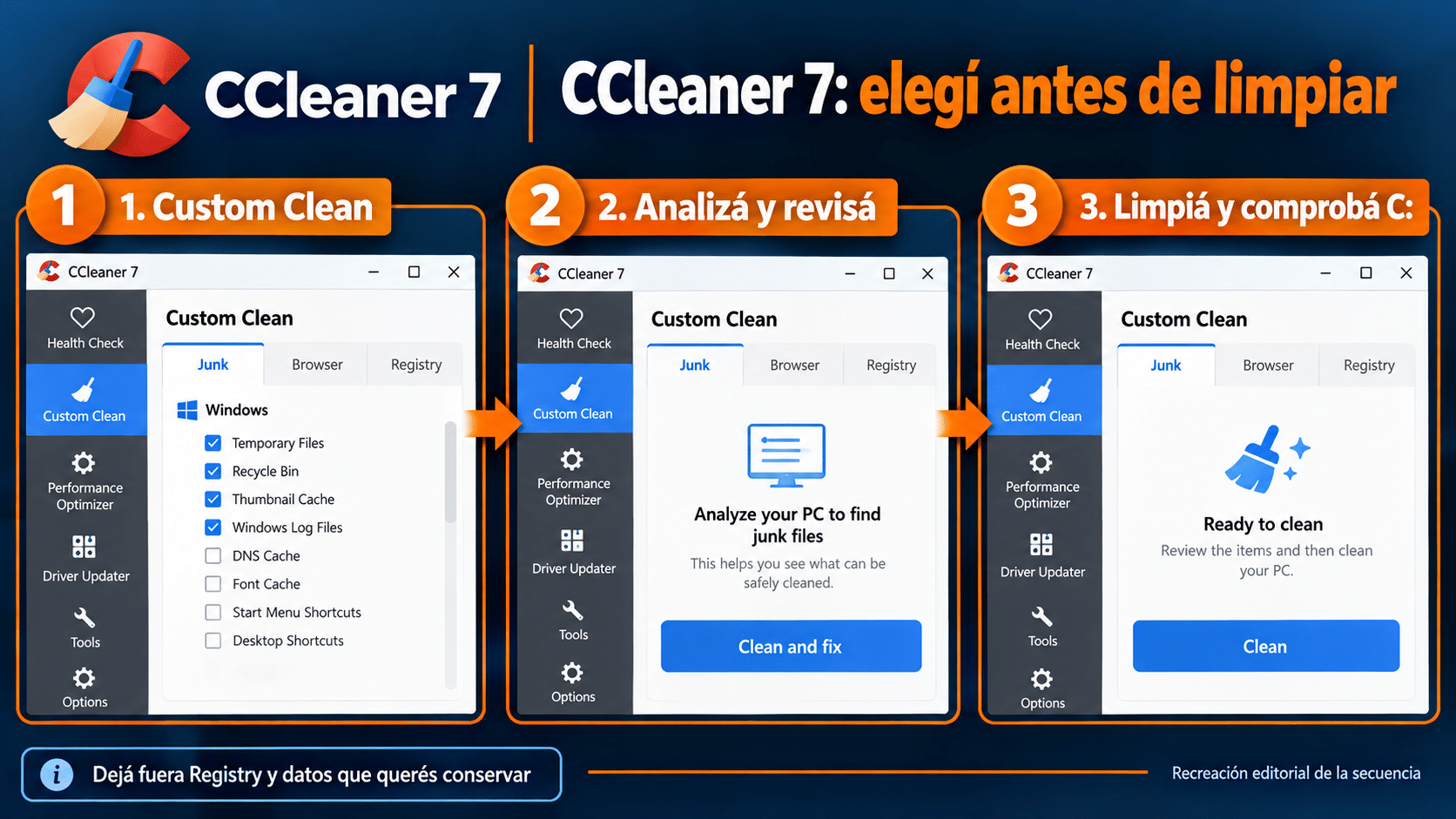 Secuencia CCleaner 7 Custom Clean seleccionar Junk analizar revisar y limpiar