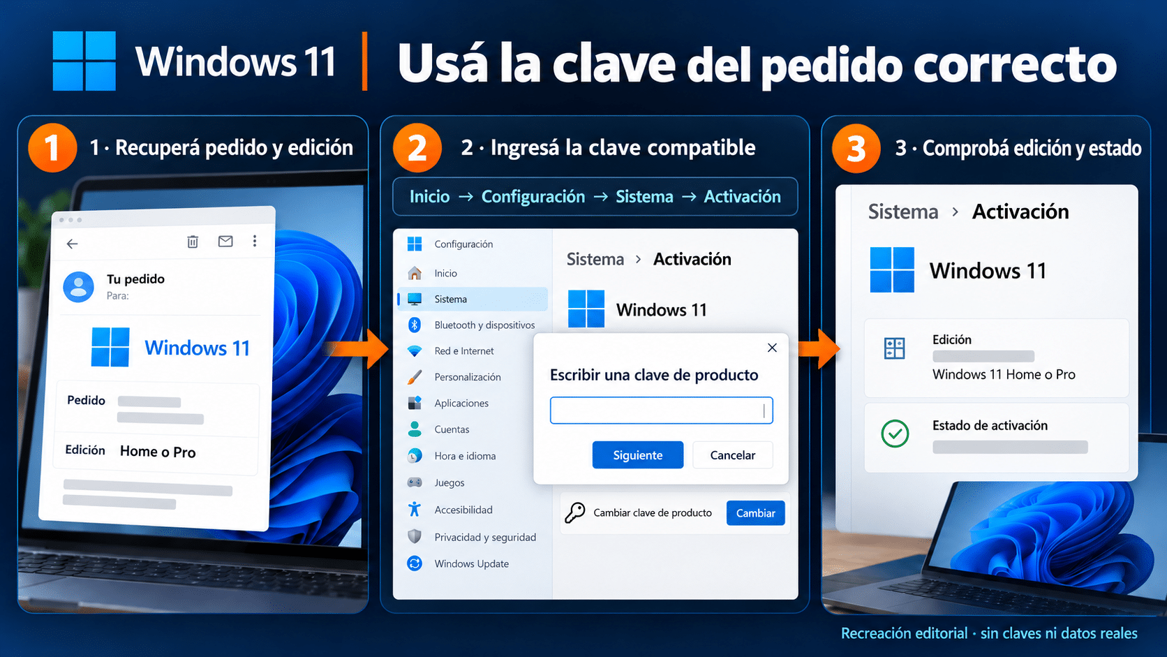 Recuperar el pedido, comprobar edición e ingresar la clave correspondiente desde Activación