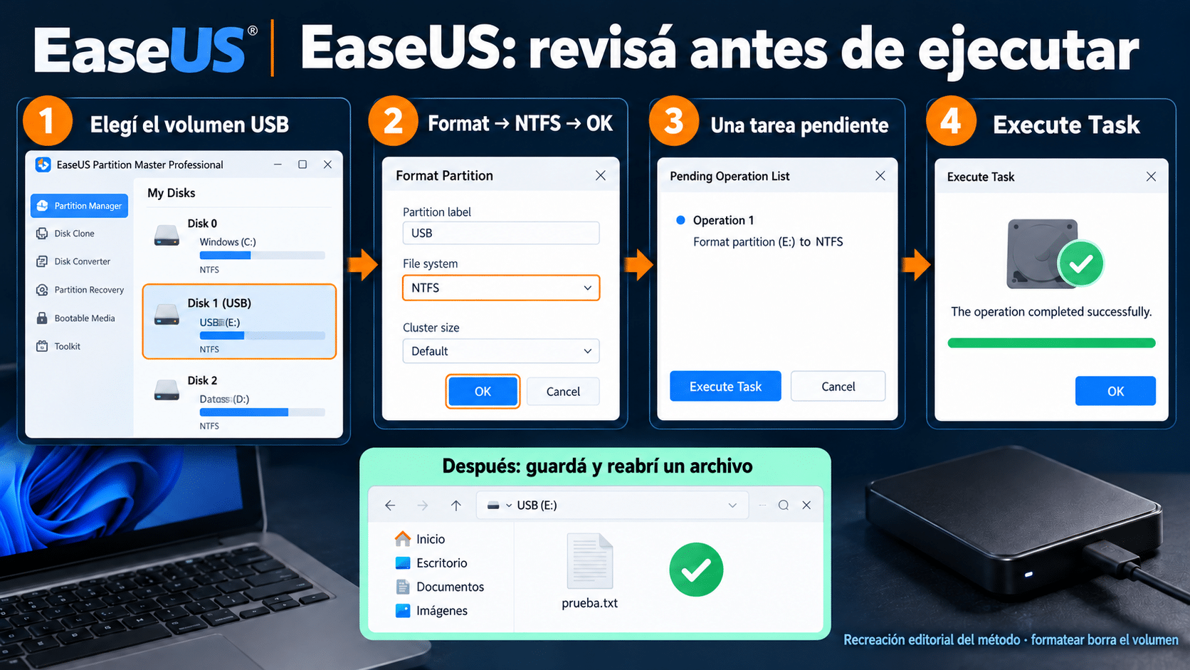 EaseUS: seleccionar volumen, Format, revisar tarea y Execute Task