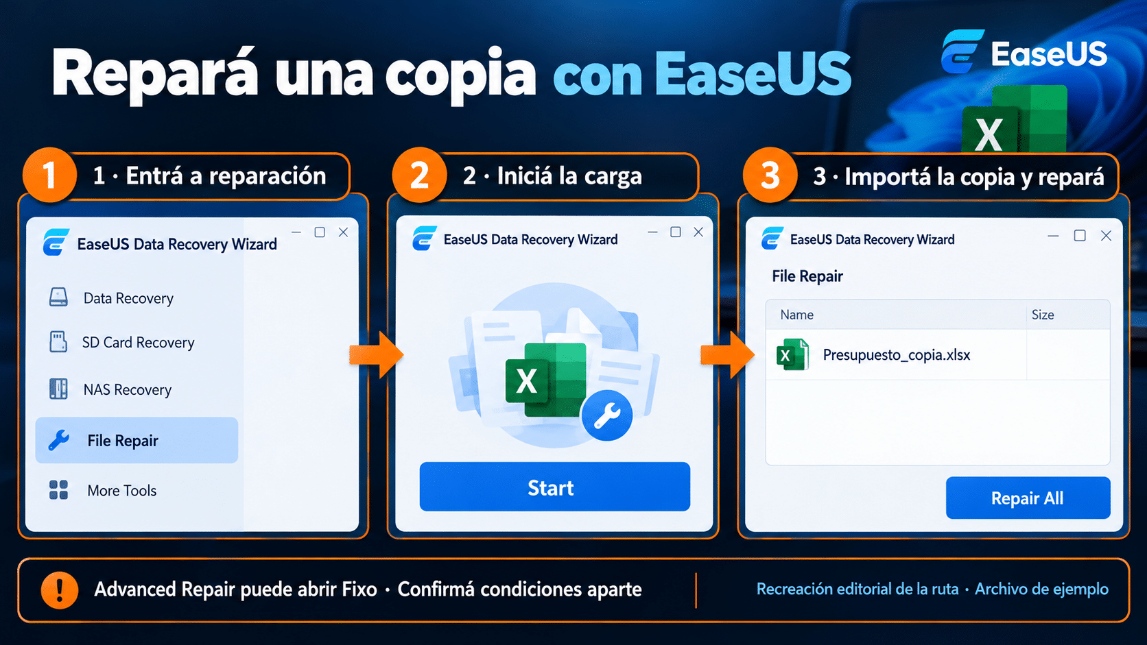 EaseUS Data Recovery Wizard: File Repair, Start, importar la copia y Repair All
