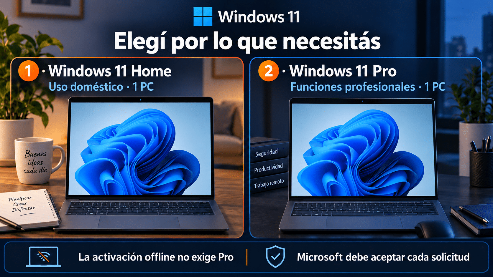 Home y Pro para una PC: elegir por necesidades, no por promesas de activación offline