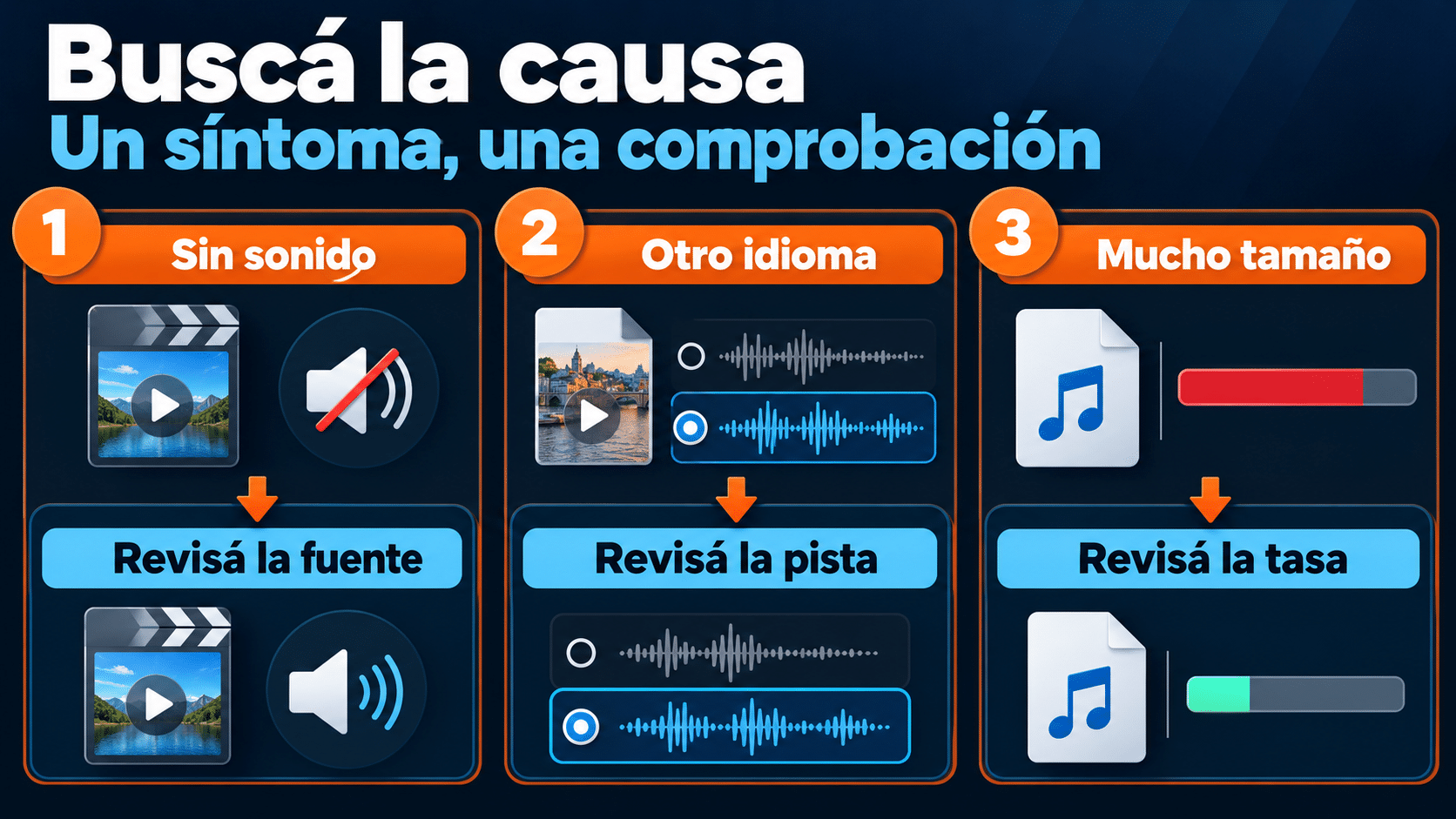 Diagnóstico por síntoma de audio mudo, idioma incorrecto y tamaño excesivo