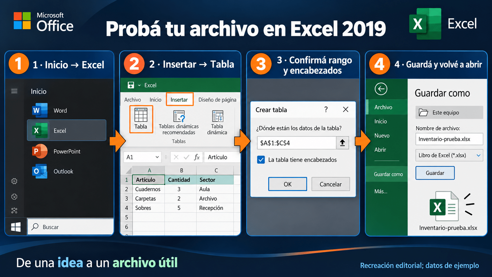 Prueba de tabla y guardado en Excel 2019 para una PC con licencia acreditada