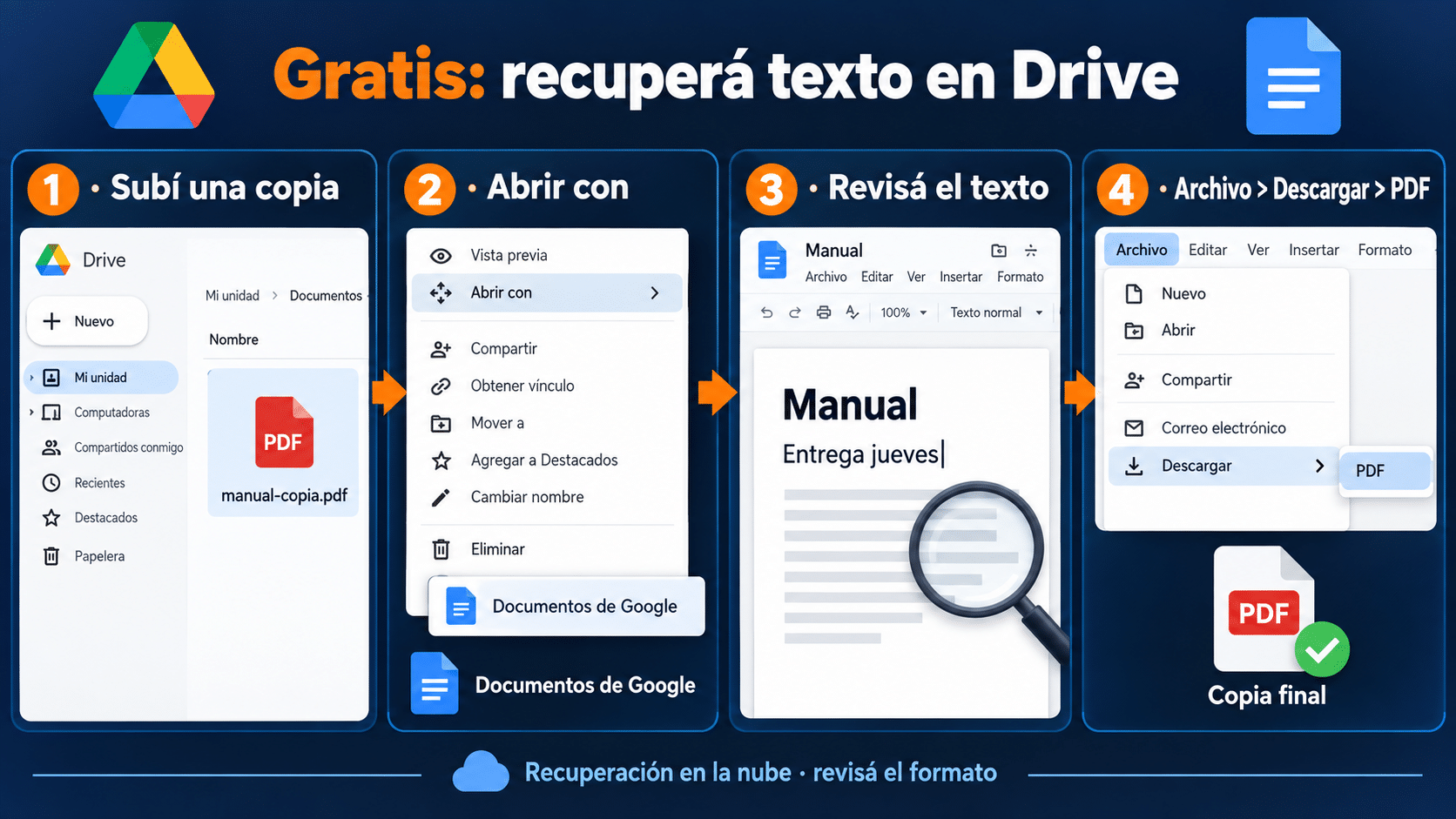 Google Drive: abrir el PDF con Documentos de Google, revisar texto y descargar PDF nuevo