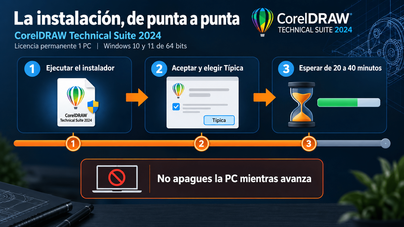 Barra de progreso de la instalación de CorelDRAW Technical Suite 2024 en Windows