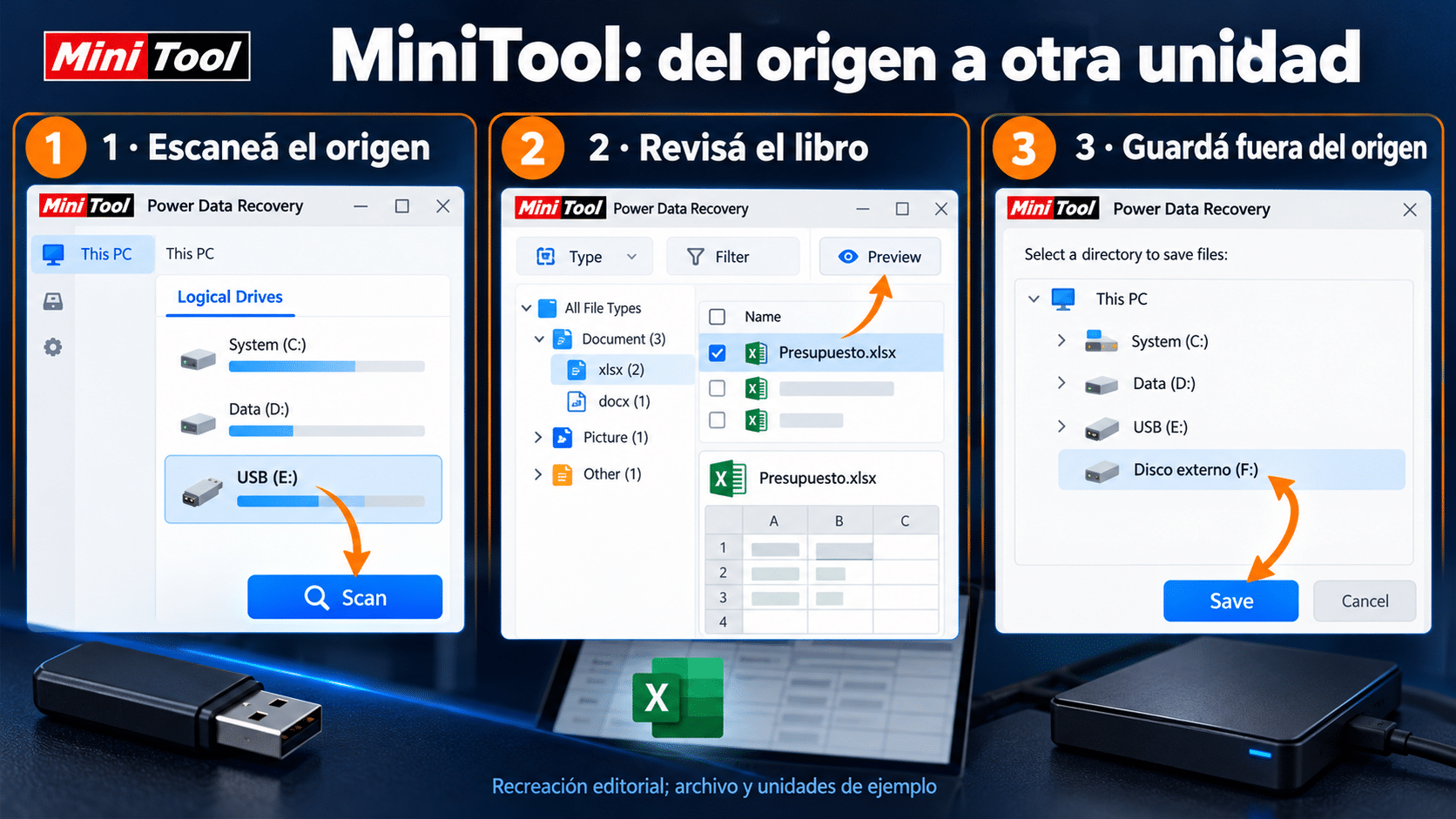 MiniTool: Logical Drives, Scan, filtros, Preview y Save hacia otra unidad