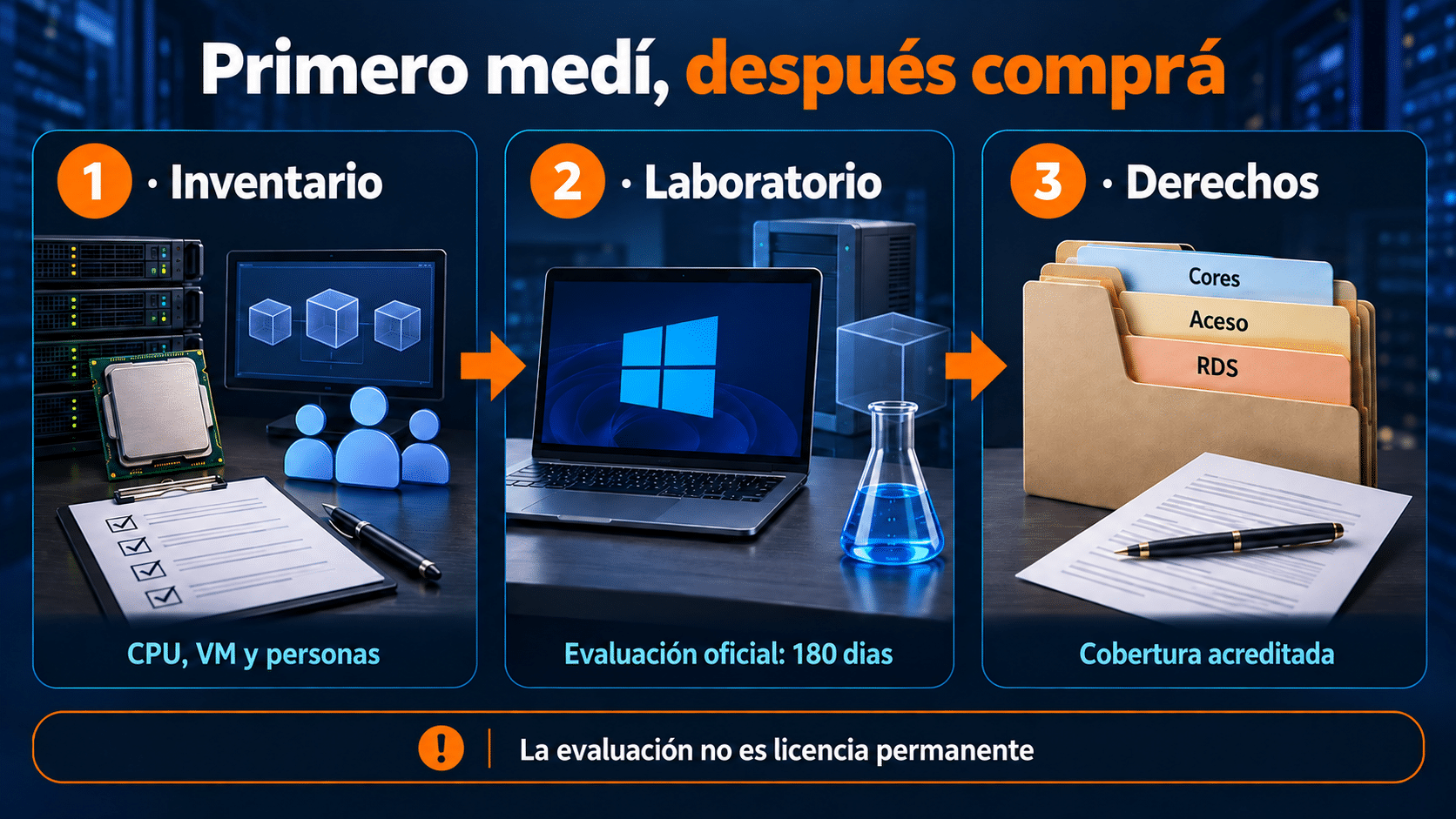 Ruta desde inventario hasta prueba y adquisición de licencias Windows Server 2022
