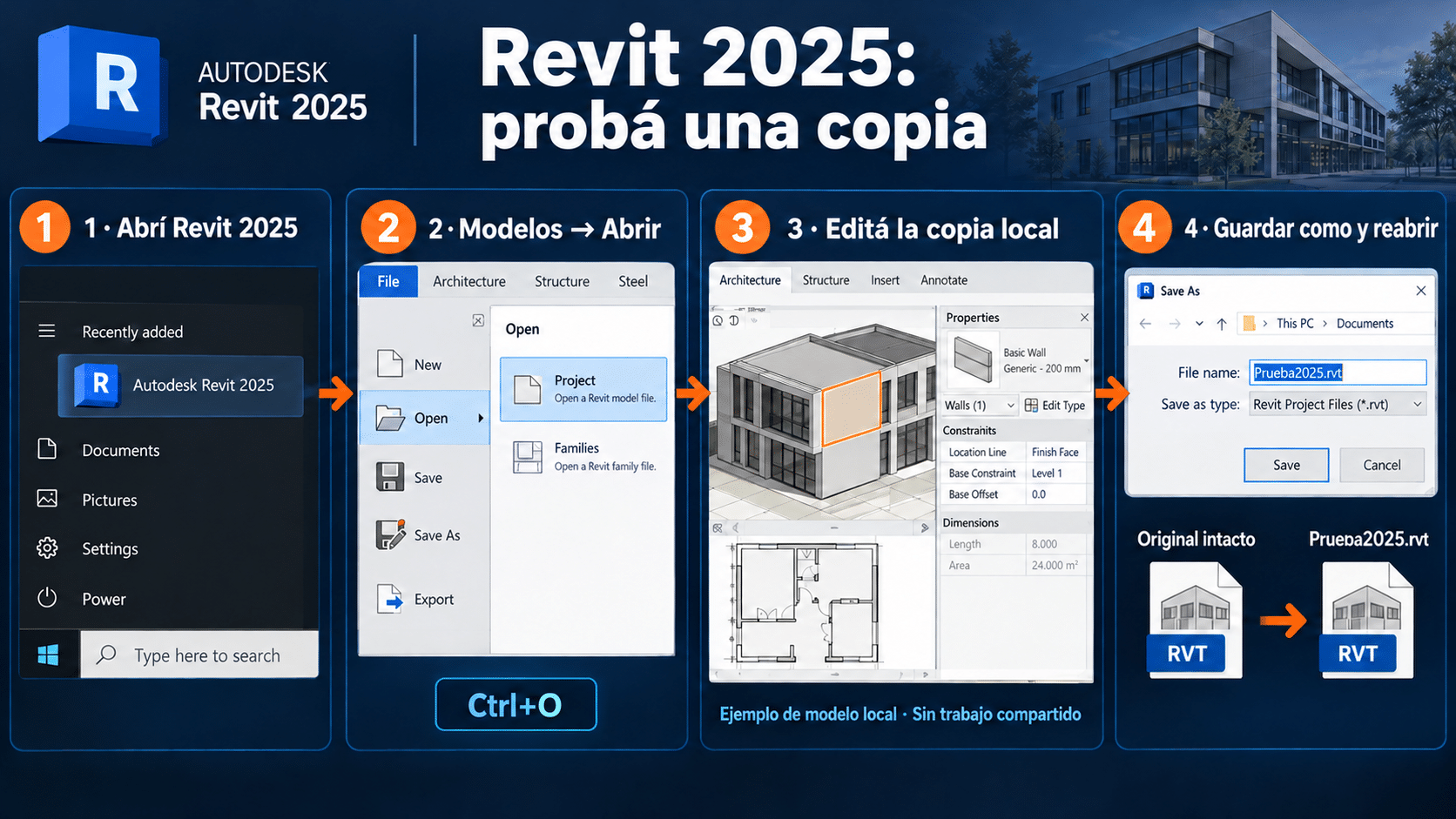Revit 2025: abrir una copia compatible, probar una edición y guardar con otro nombre para reabrir