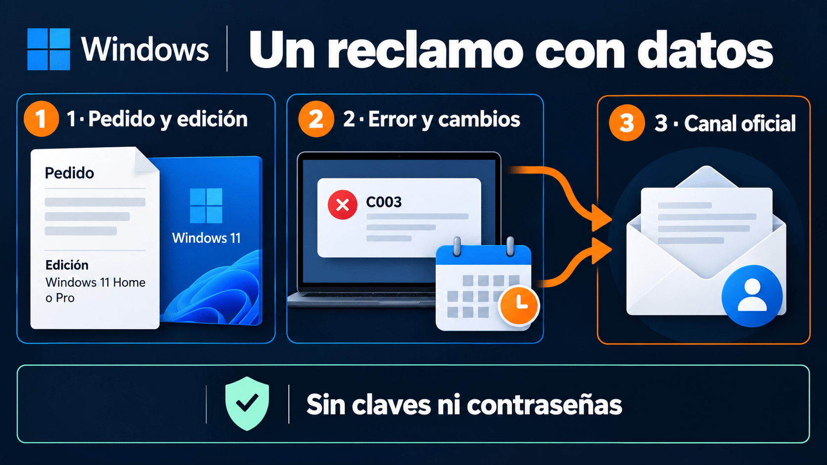 Pedido, edición, error y cambios para solicitar revisión por el canal oficial