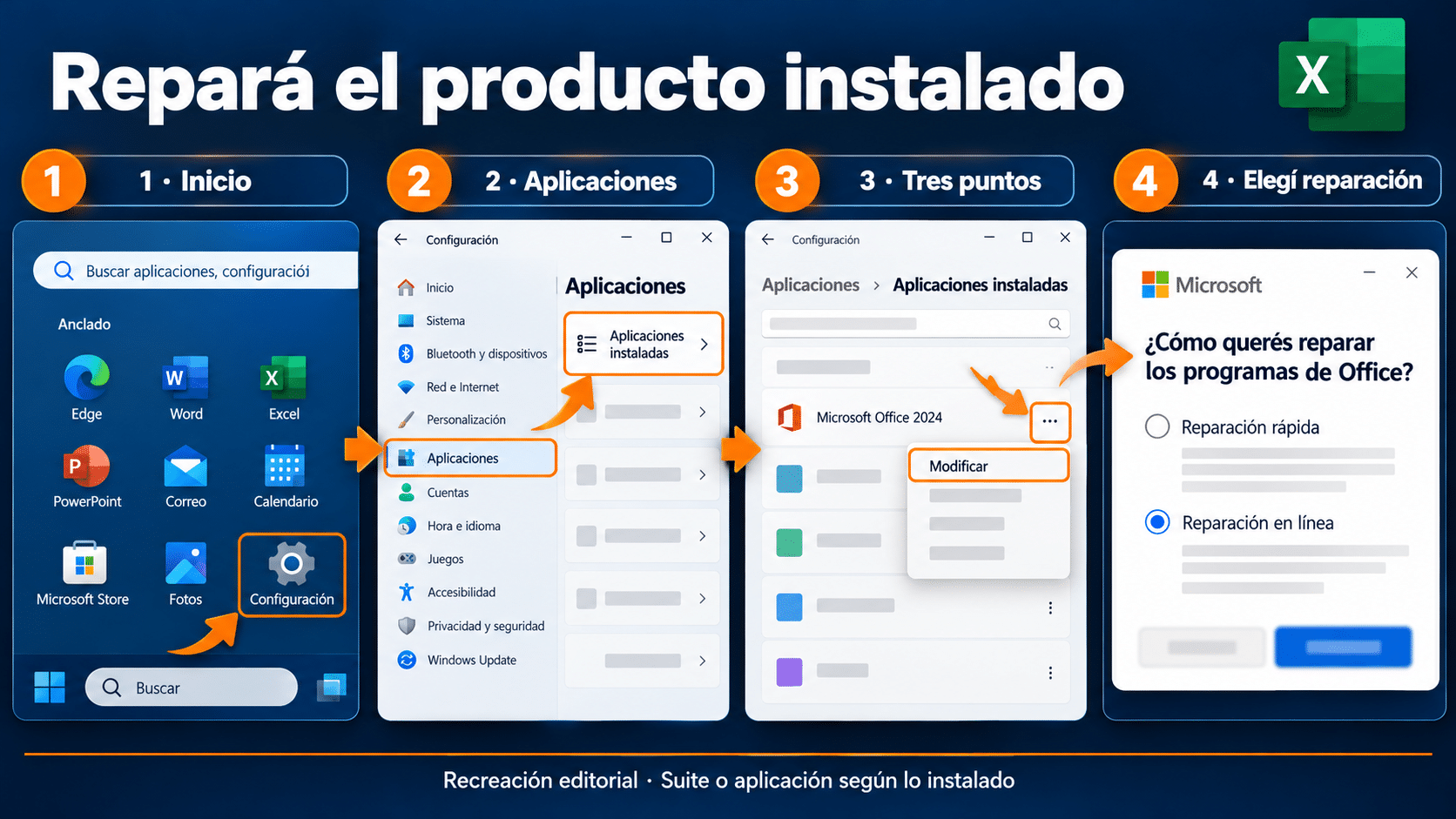 Ruta de Windows 11 para modificar y reparar Excel o la suite Office