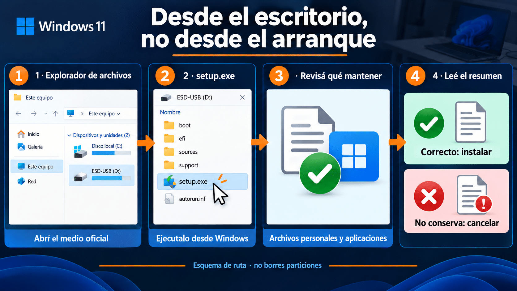 Explorador a setup.exe y comprobación de qué mantener