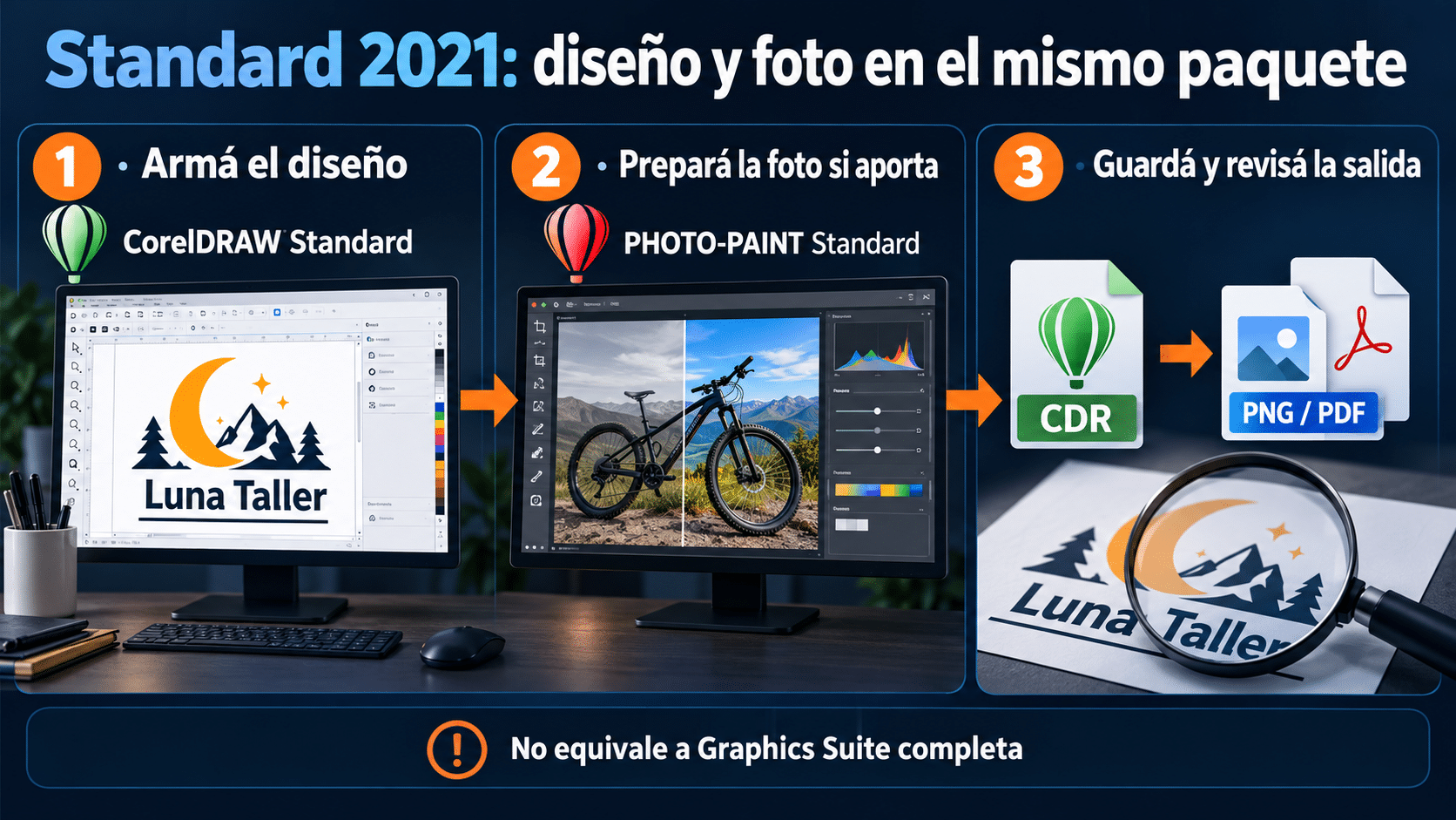 Flujo de pieza propia con CorelDRAW Standard y PHOTO-PAINT Standard hasta revisar la salida