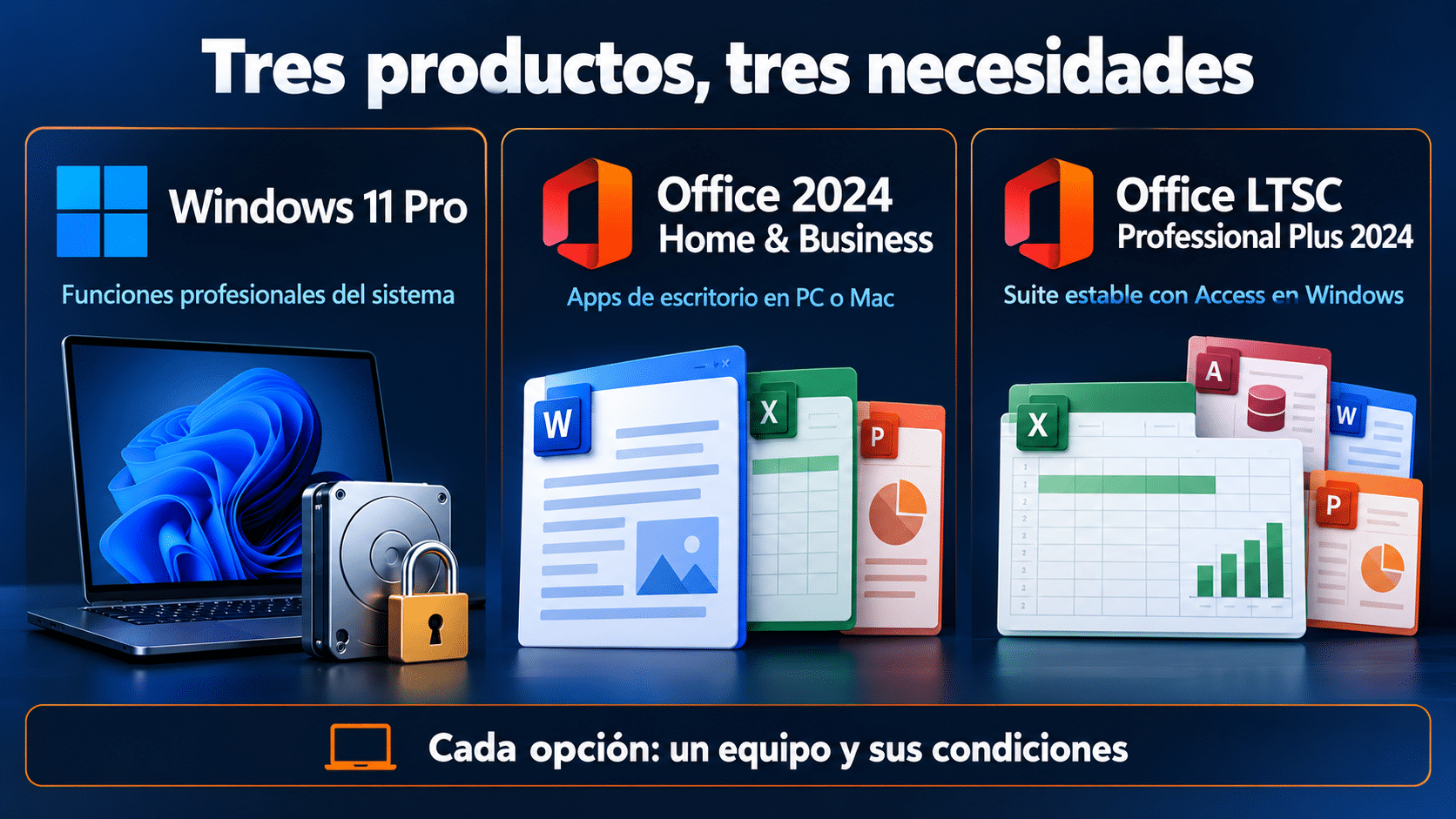Windows Pro, Office Home Business y Office LTSC resuelven trabajos distintos
