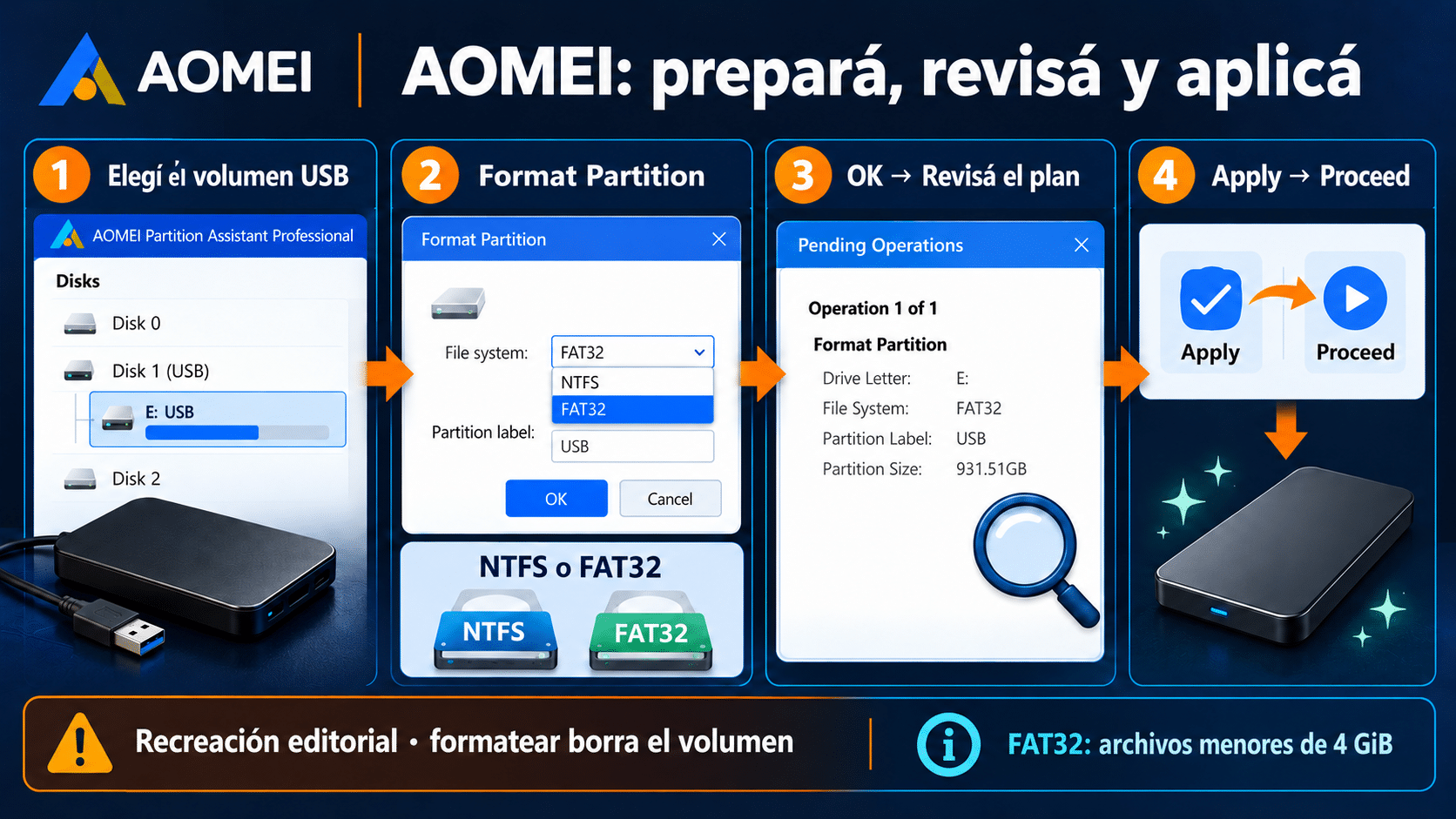 AOMEI: Format Partition, OK, revisión y Apply seguido de Proceed