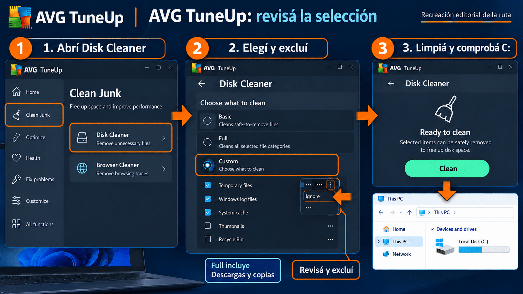 AVG TuneUp Clean Junk Disk Cleaner selección Custom revisión Ignore y Clean