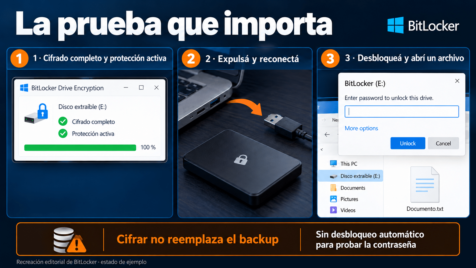 Comprobación de cifrado, reconexión sin desbloqueo automático y apertura de archivo