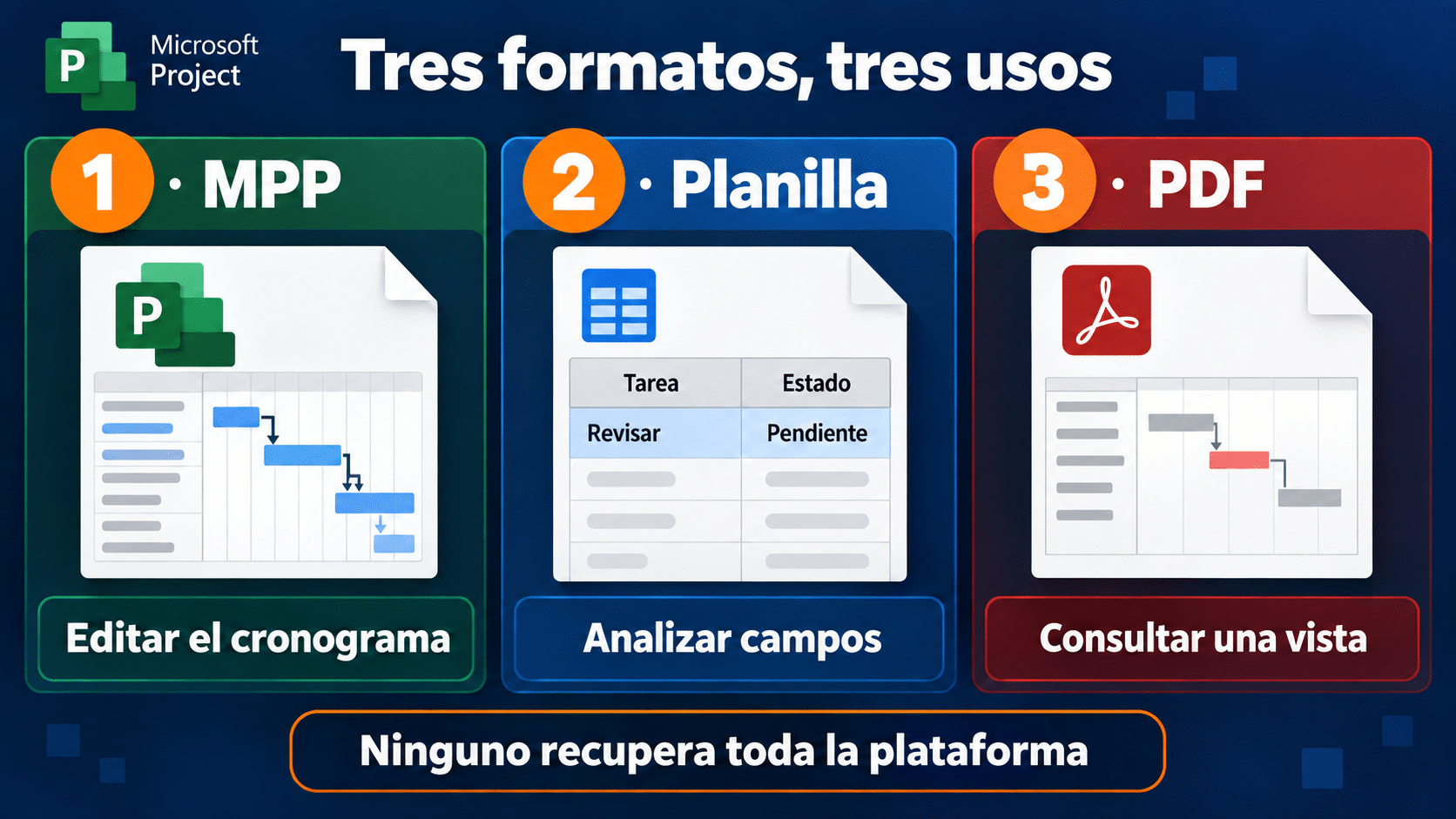 MPP para editar, planilla para analizar y PDF para consultar