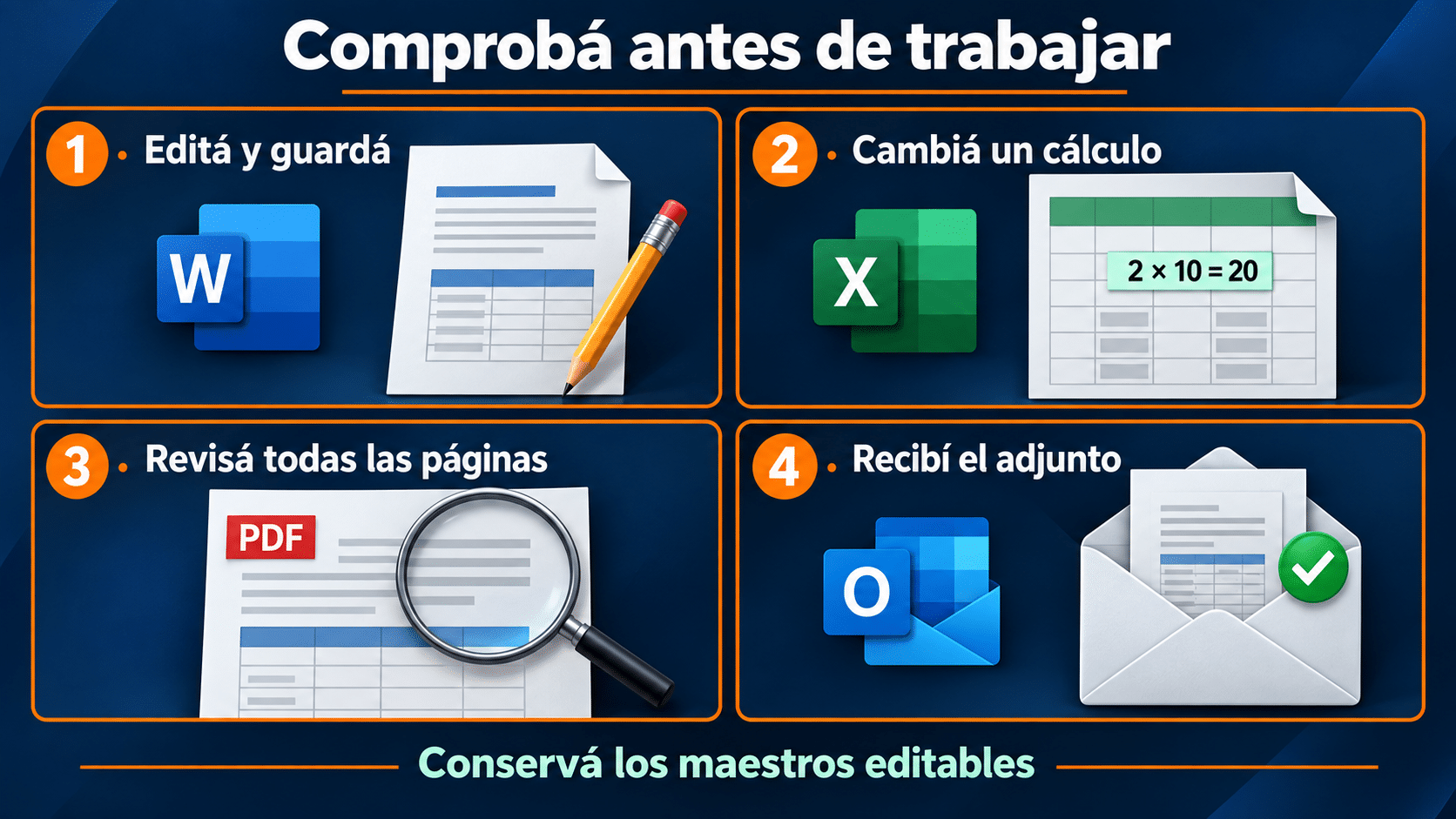 Cuatro verificaciones: edición, cálculo, PDF y correo antes de usar Office en producción