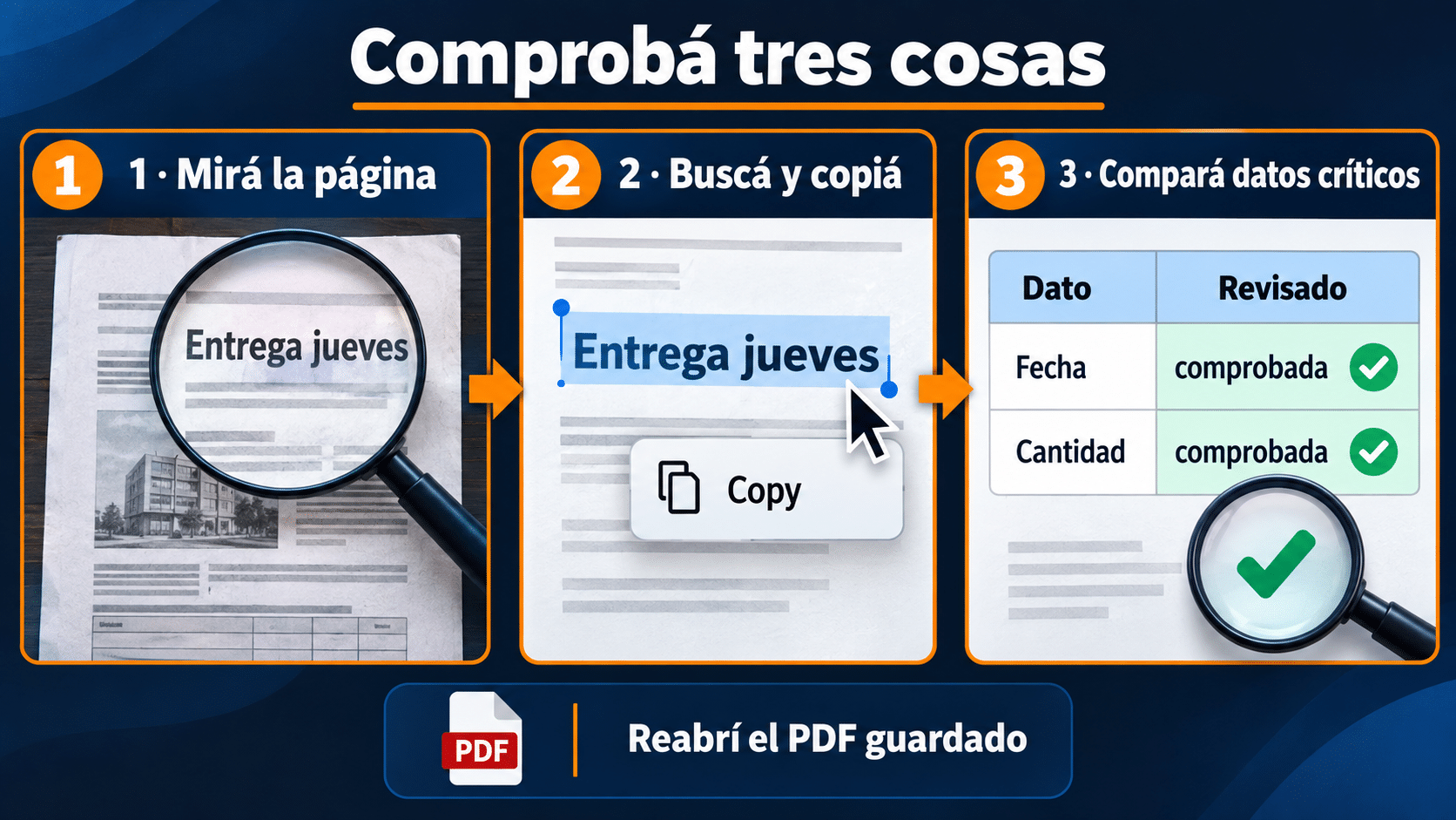 Tres controles después de editar un escaneo: vista de página, búsqueda y datos críticos