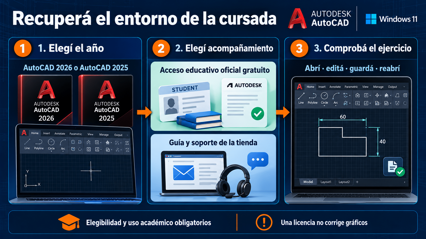 Elección académica entre AutoCAD 2026 y AutoCAD 2025 con acceso oficial