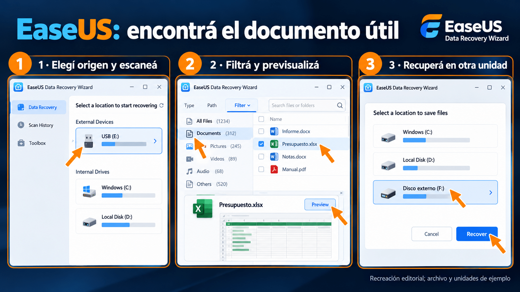 EaseUS: elegir origen, filtrar documentos, previsualizar y recuperar