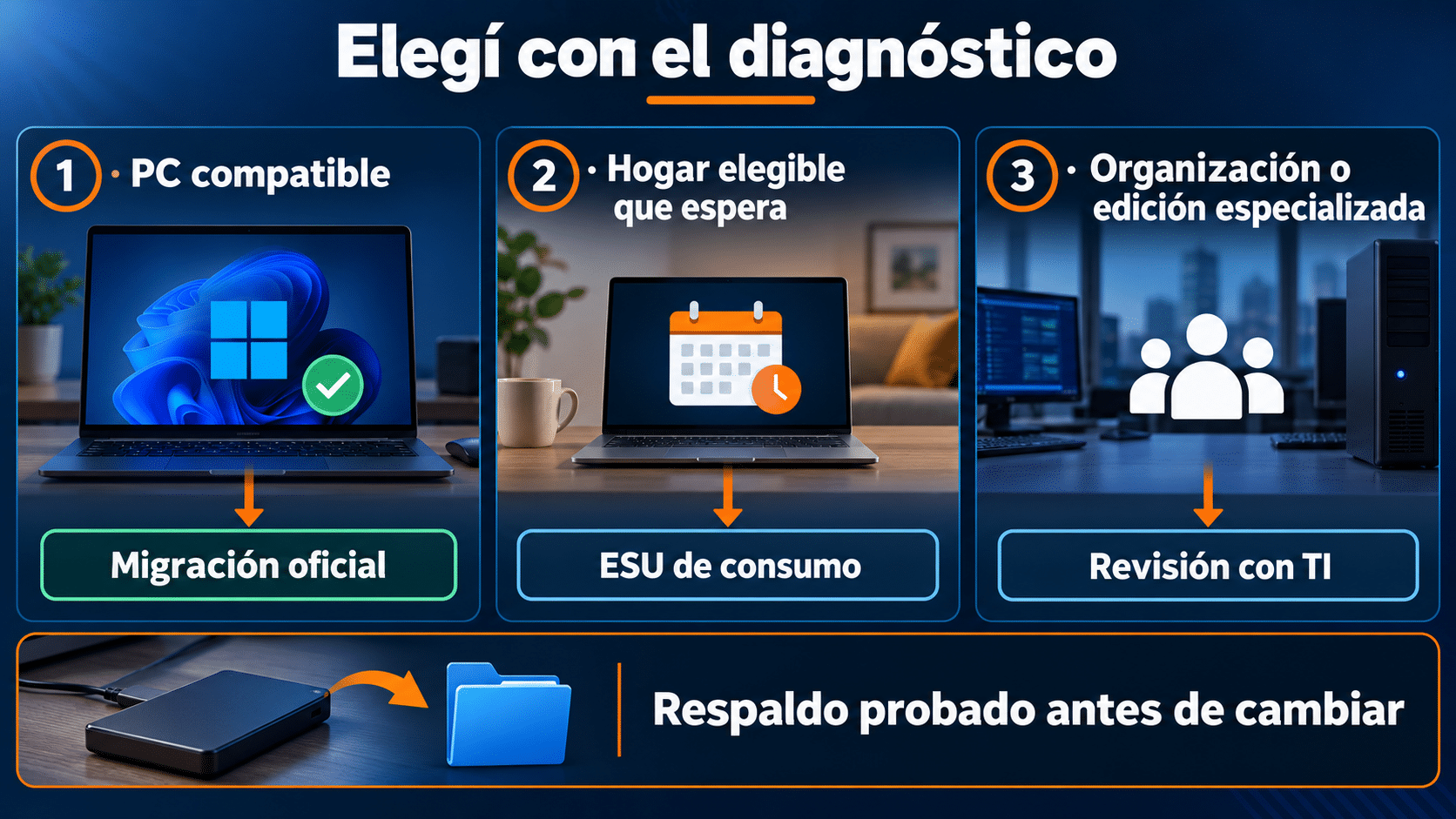 Decisión entre Windows 11, ESU y reemplazo tras comprobar compatibilidad y tipo de uso