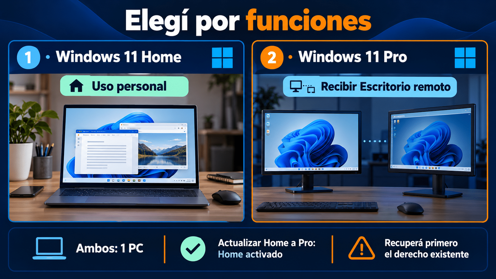 Home y Pro de una PC: usos y requisito de actualización manual