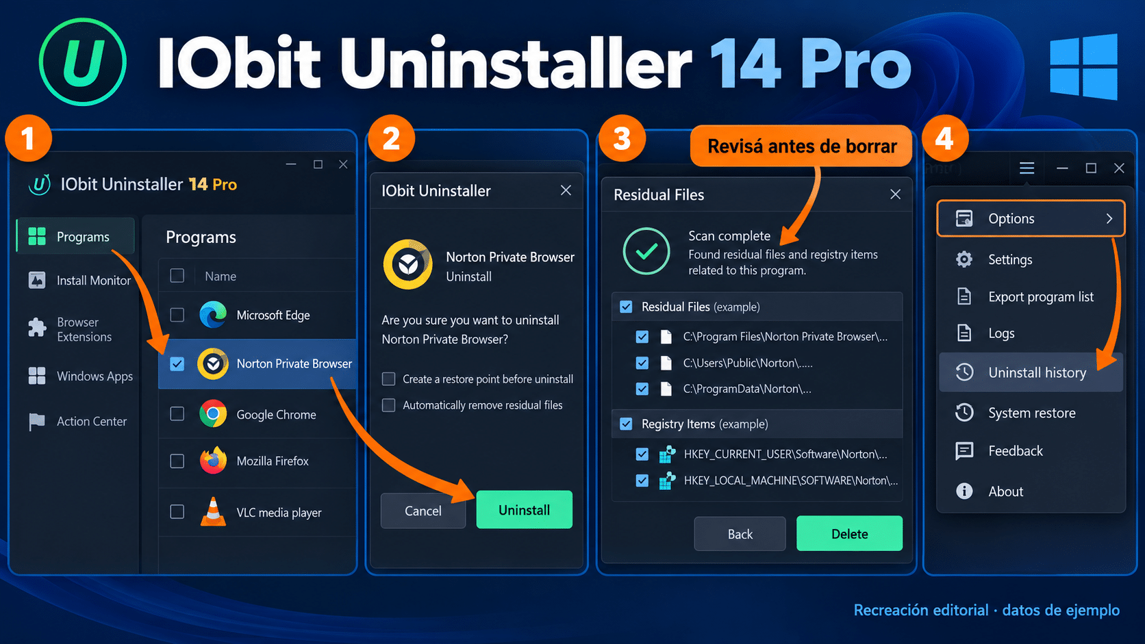 IObit Uninstaller: seleccionar la app, revisar restos e historial