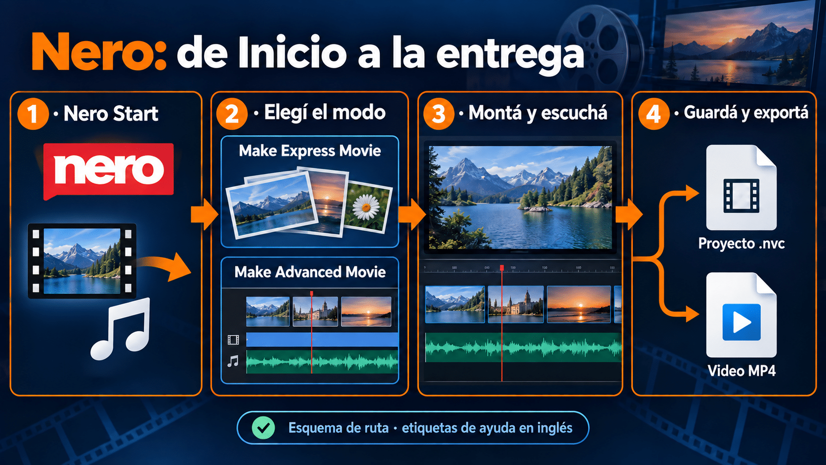 Ruta desde Nero Start hasta el proyecto guardado y el video exportado