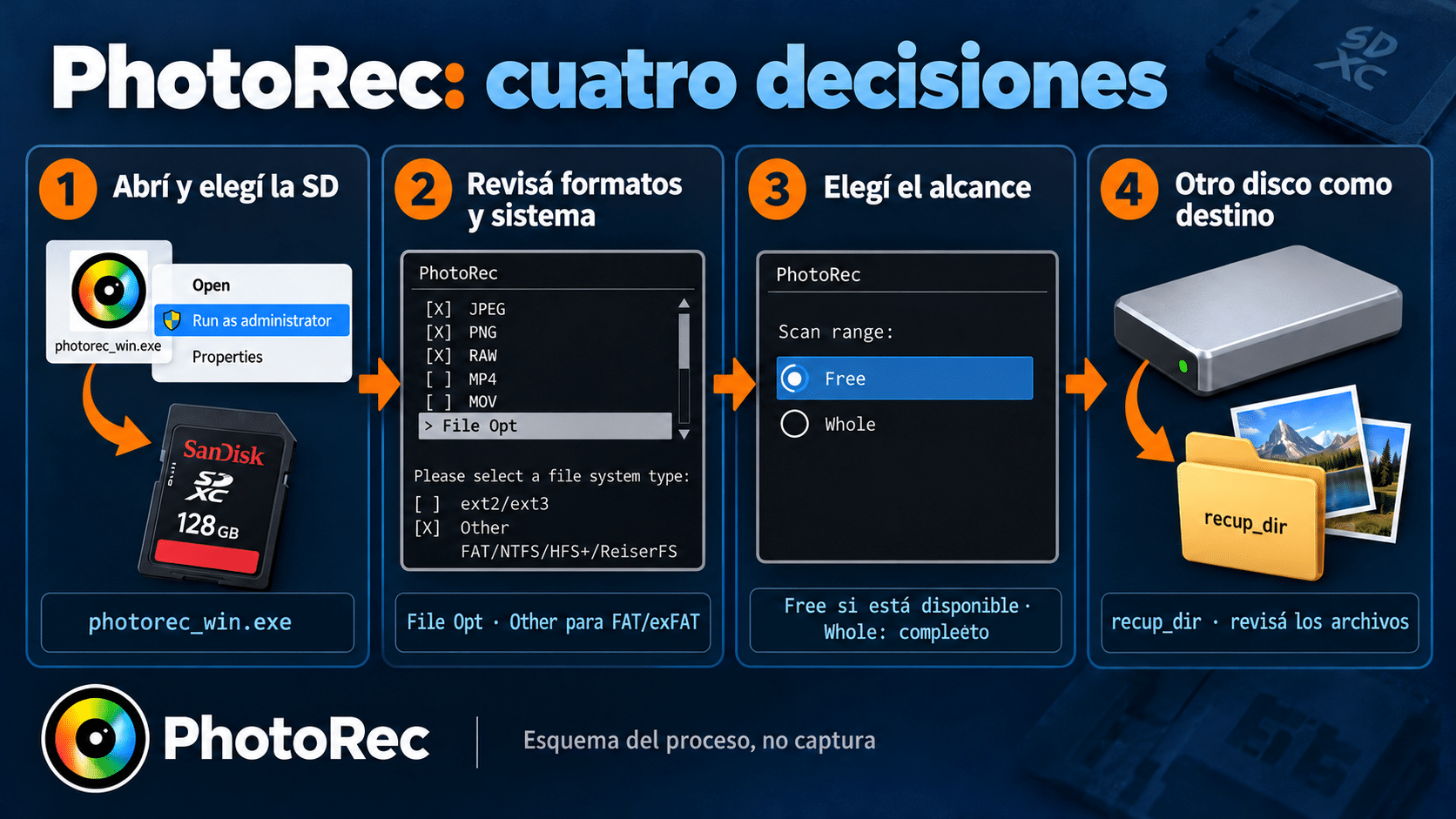 PhotoRec: dispositivo SD, formatos y alcance, destino externo y carpetas recup_dir