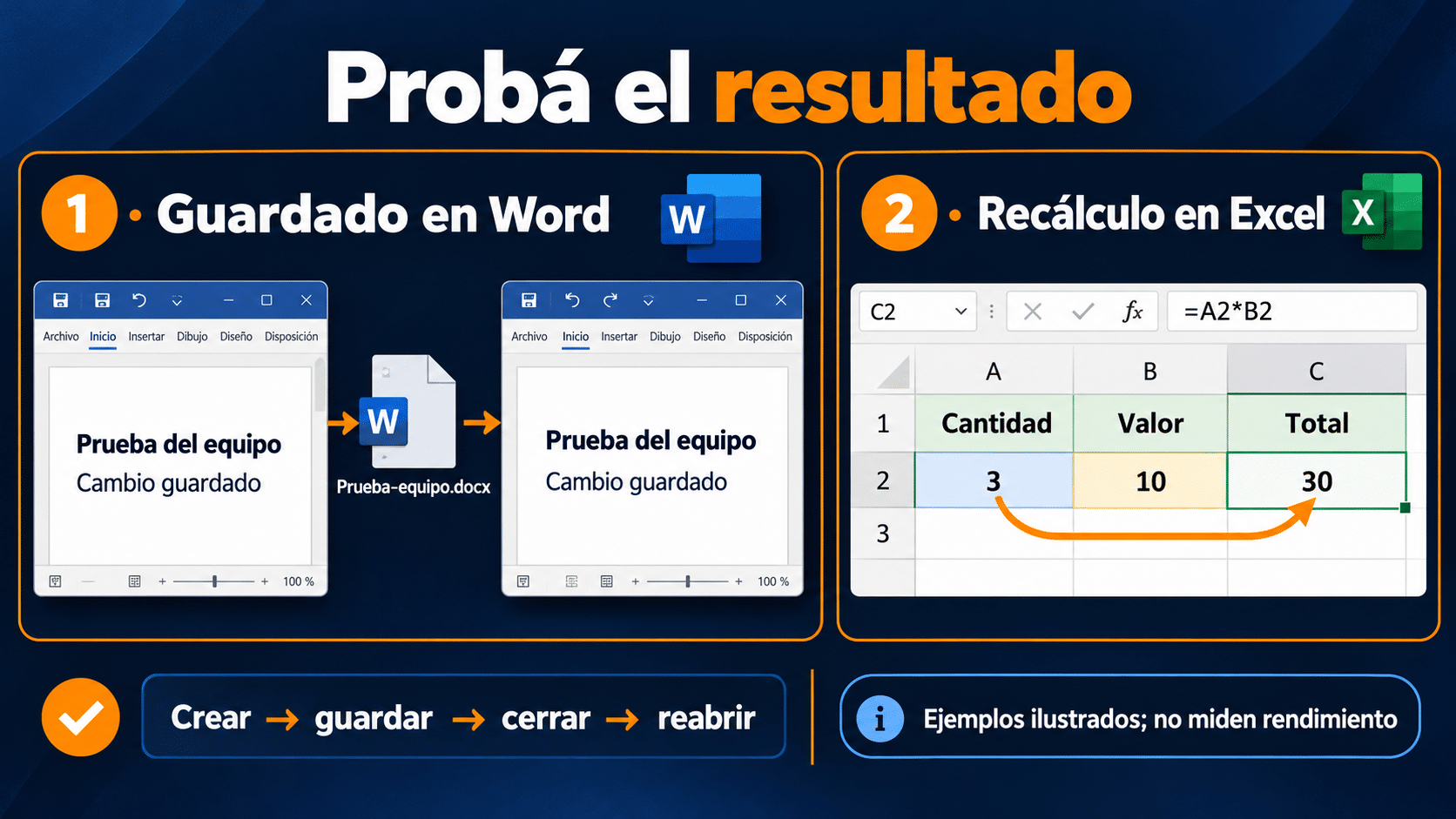 Pruebas de guardado y recálculo con Office 2024