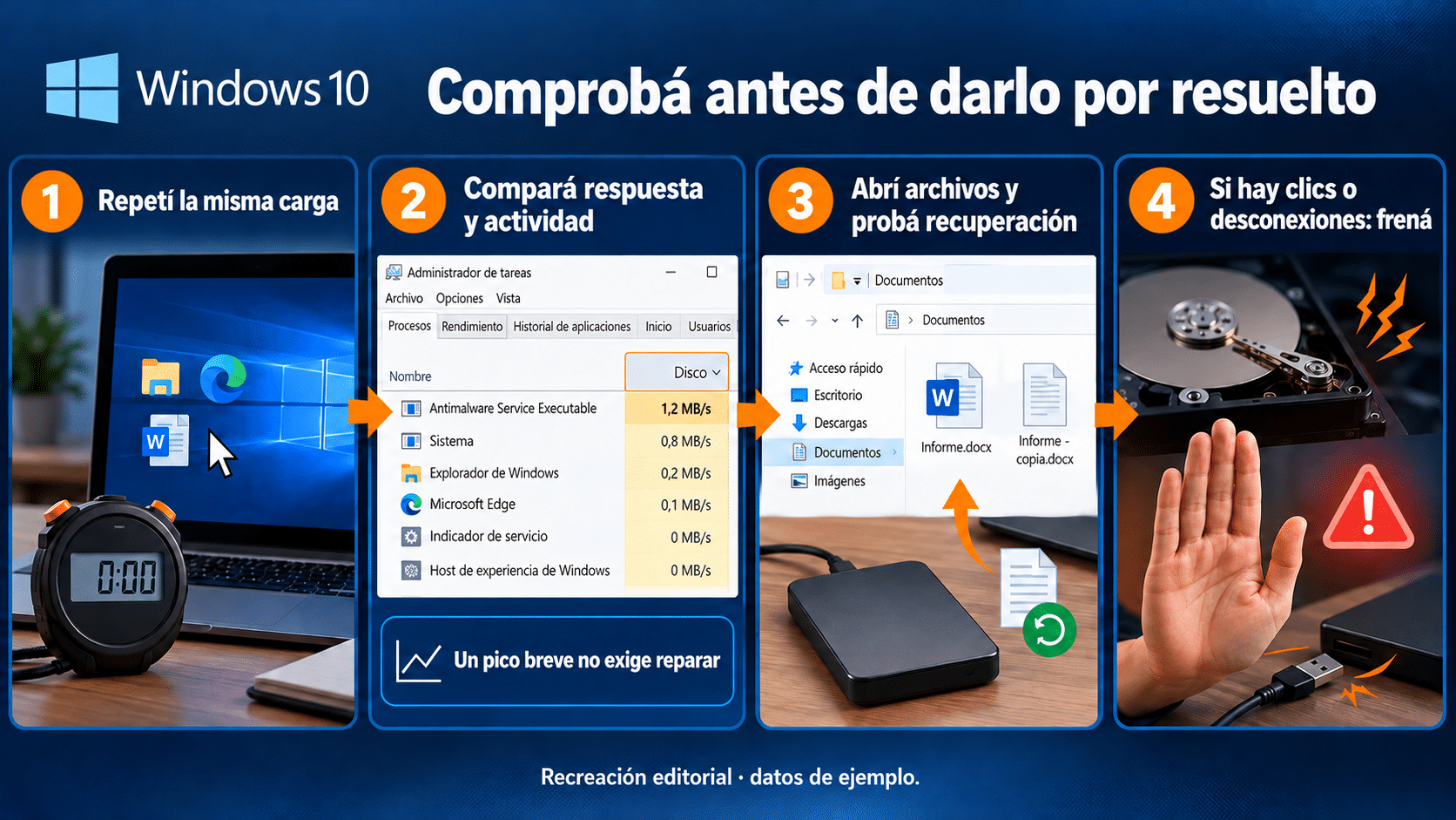 Verificar disco correcto, misma carga de trabajo y archivos después de intervenir
