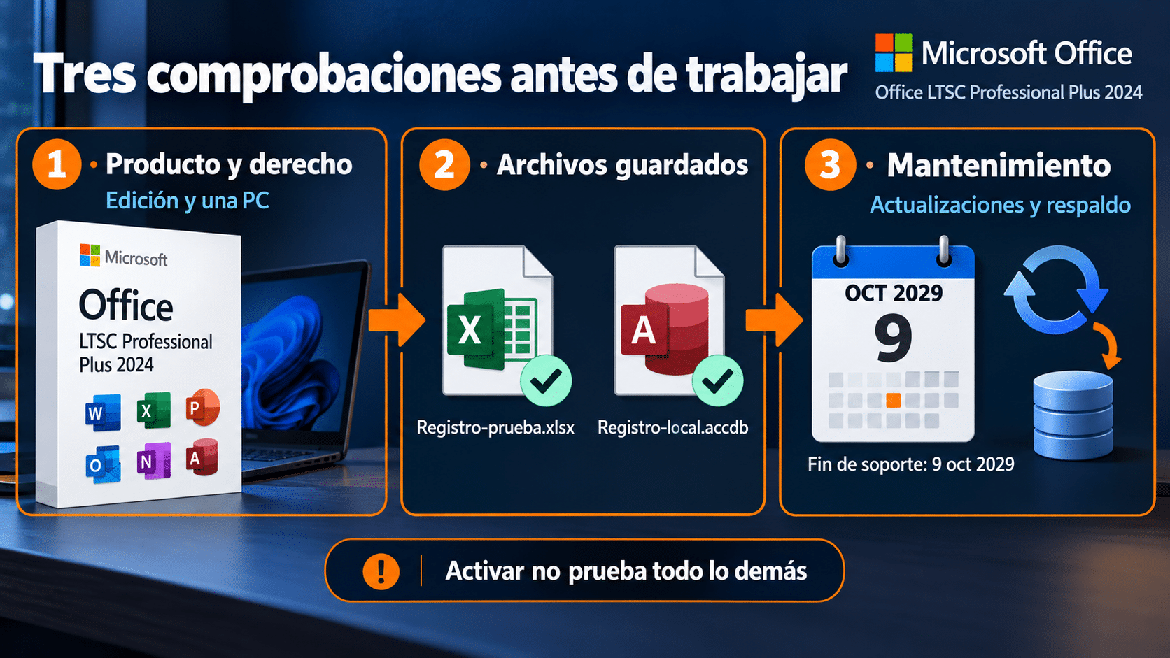 Tres comprobaciones separadas de Office: producto, archivos y mantenimiento