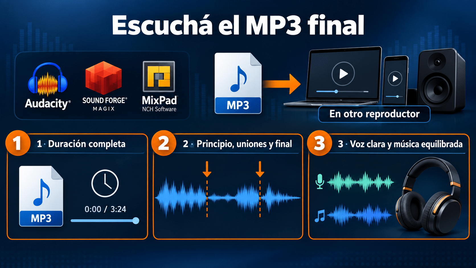 Comprobar duración, uniones y balance del MP3 después de exportar