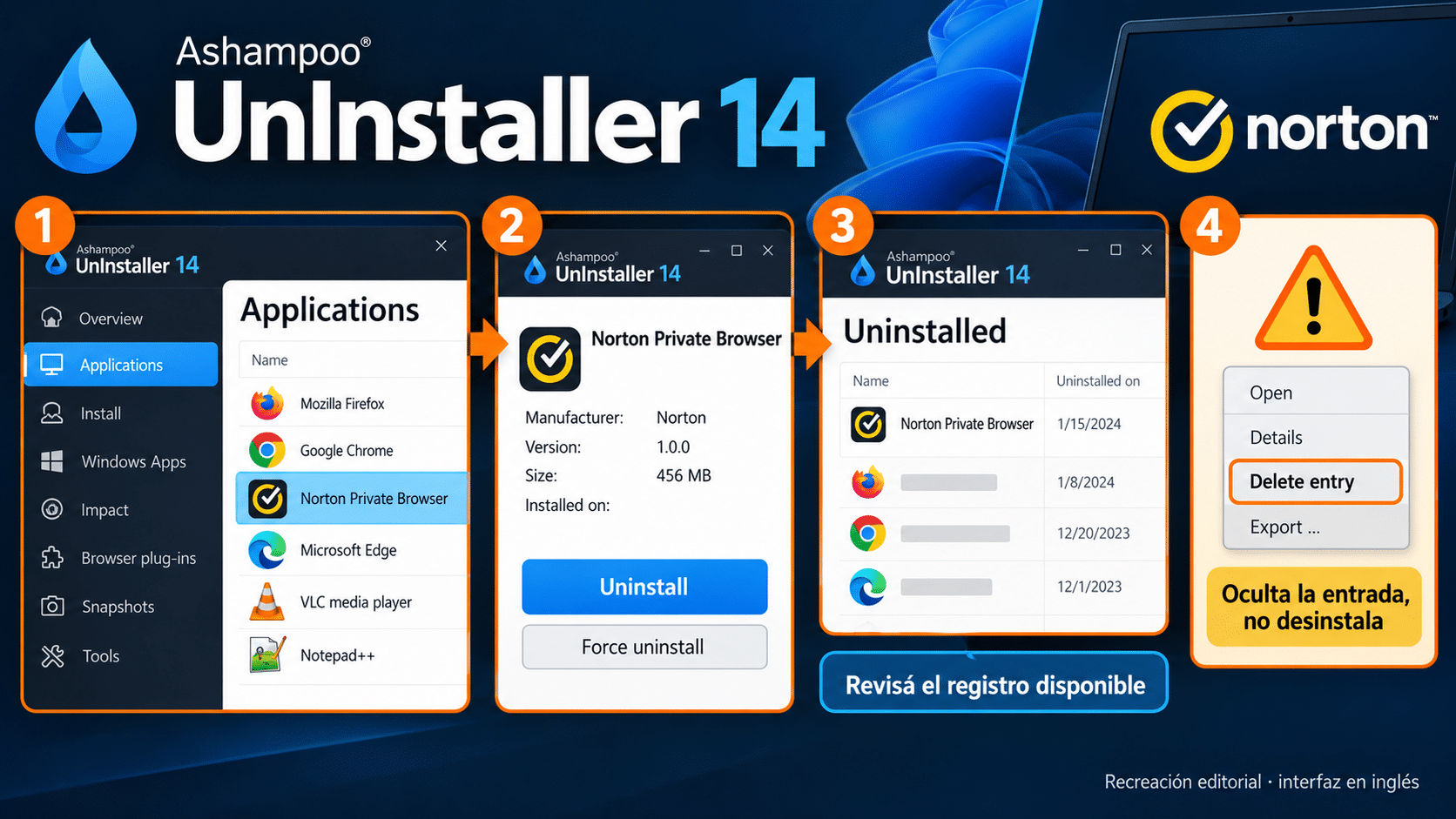 Ashampoo UnInstaller 14 distingue Uninstall, Uninstalled y Delete entry