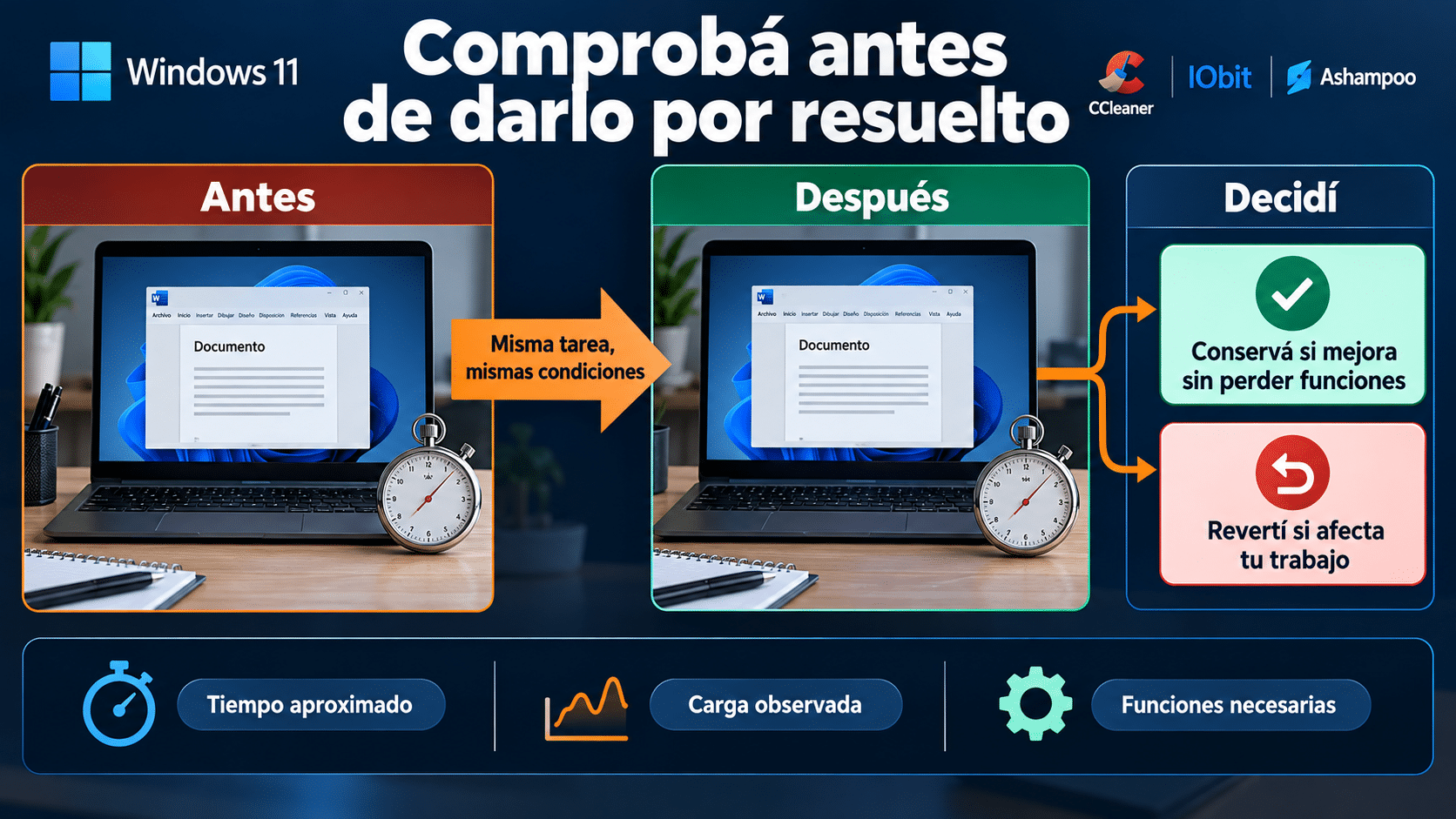Comparación antes y después con la misma tarea y comprobación de funciones