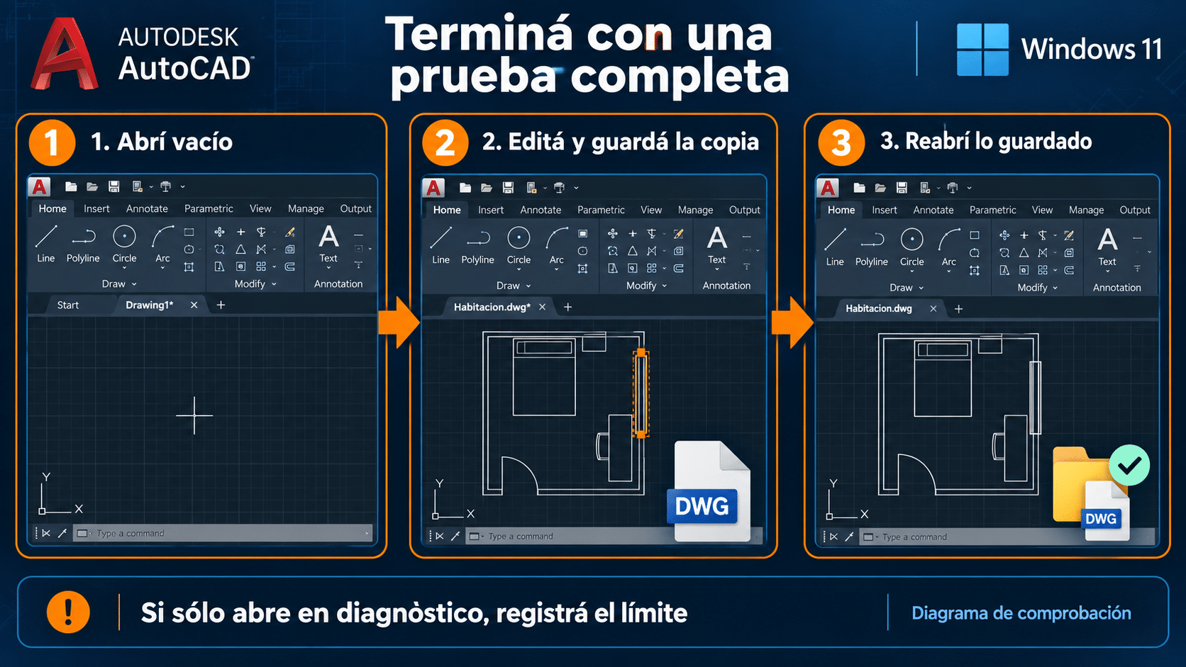 Prueba final de AutoCAD: abrir vacío, editar copia, guardar y reabrir
